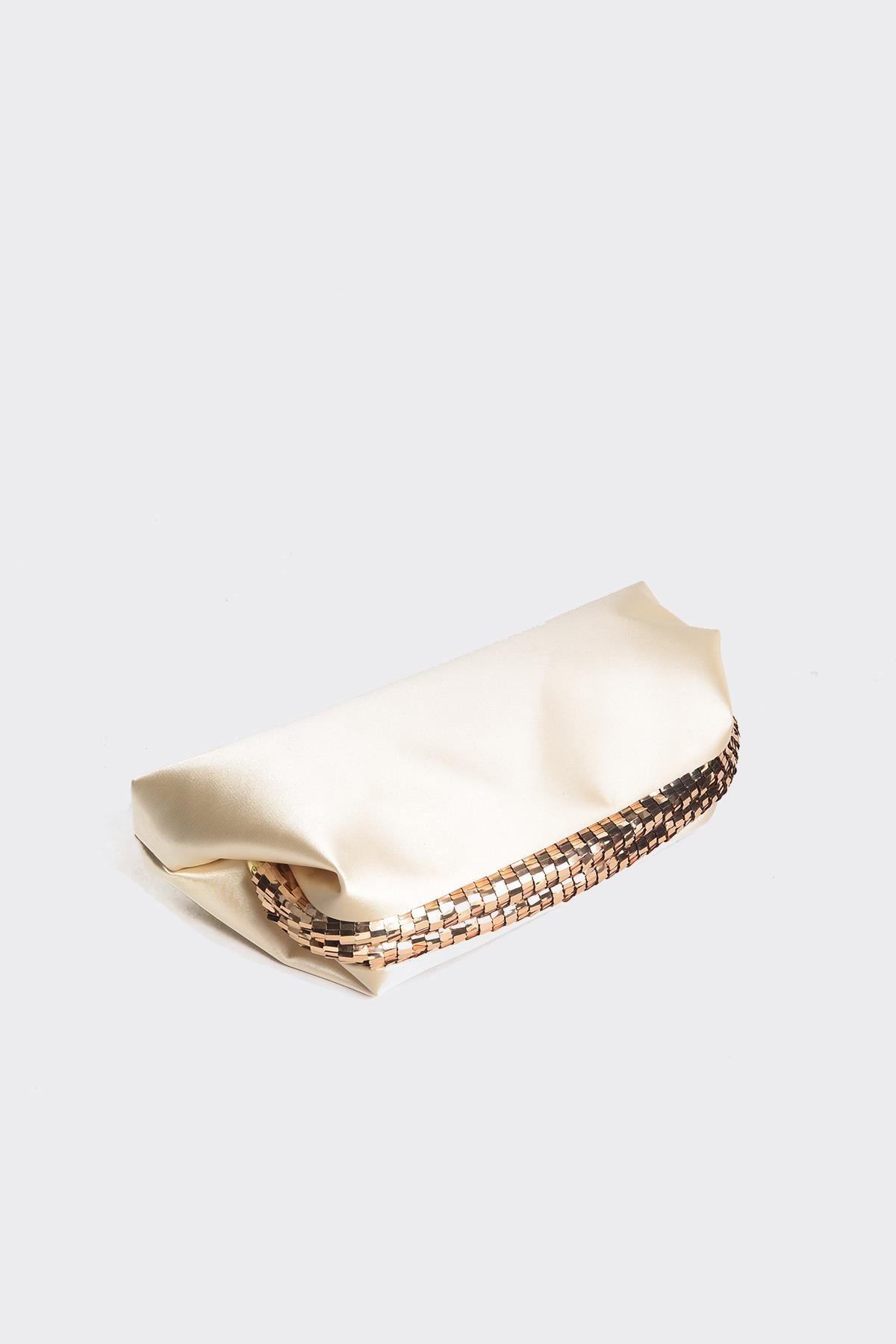 Bej Saten Gold Payet Detaylı Clutch Abiye Çanta