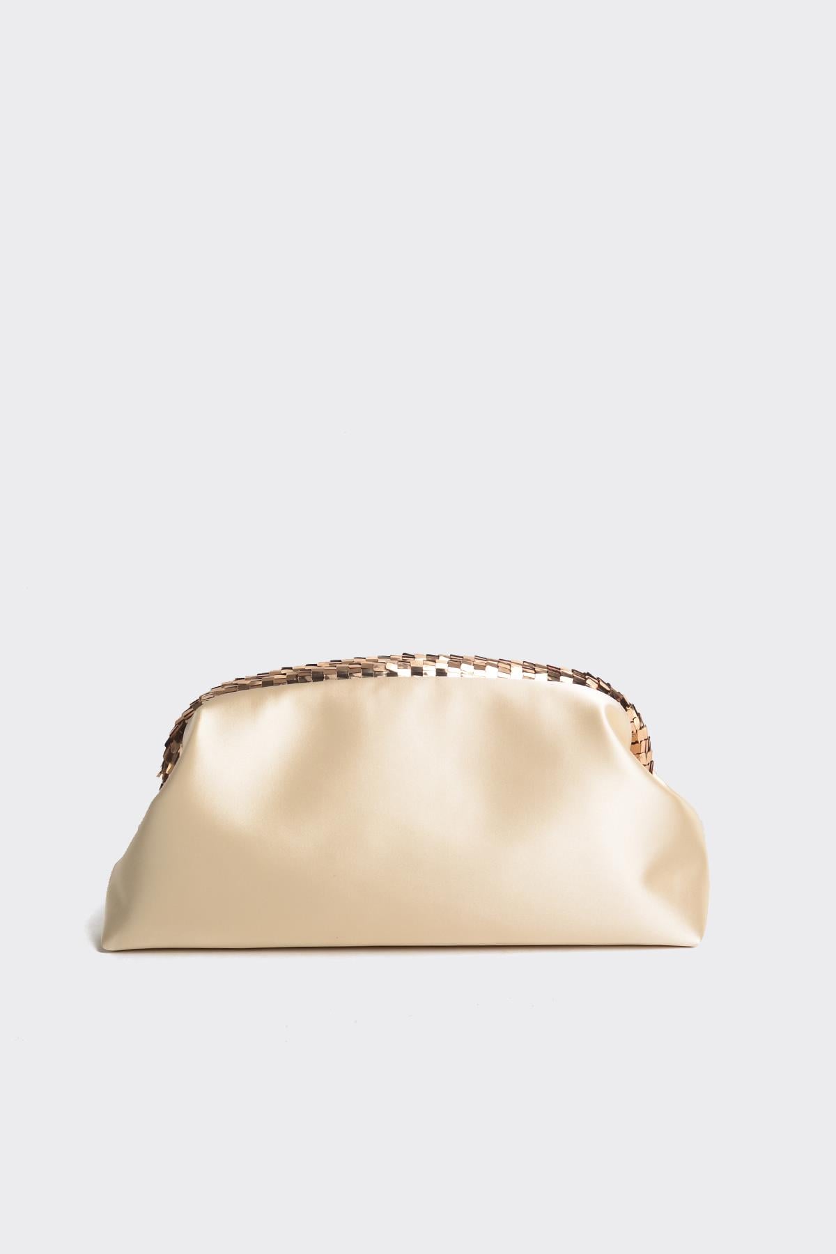Bej Saten Gold Payet Detaylı Clutch Abiye Çanta