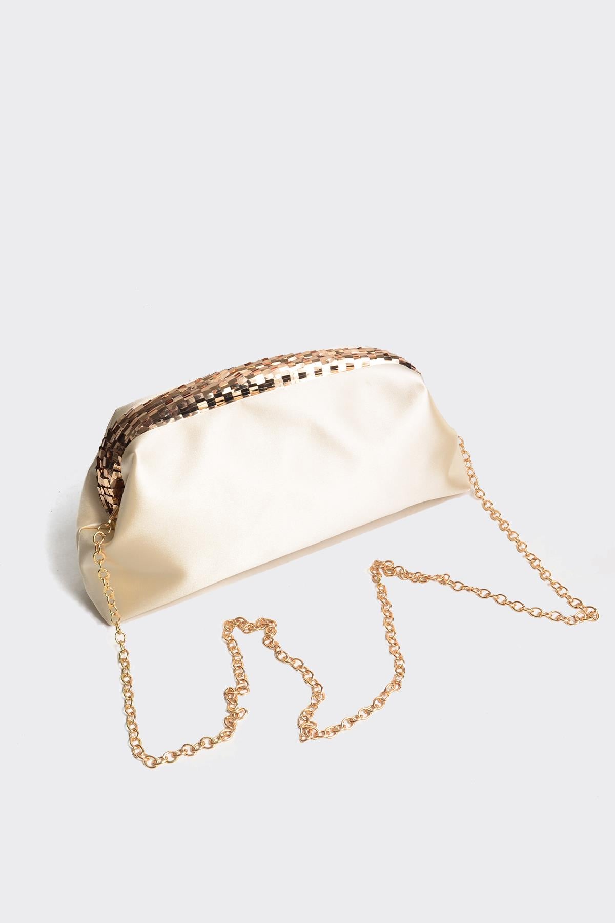 Bej Saten Gold Payet Detaylı Clutch Abiye Çanta