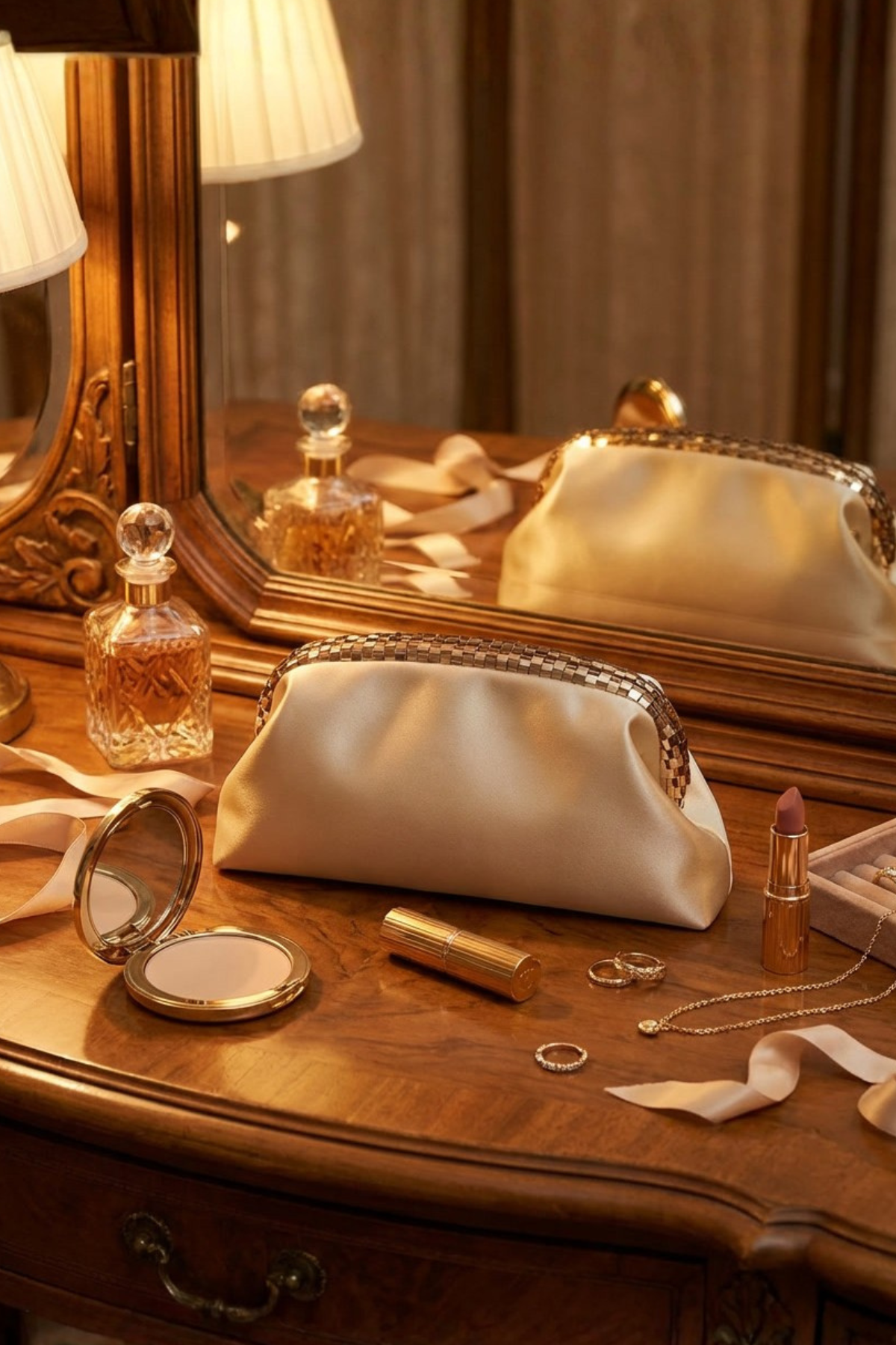 Bej Saten Gold Payet Detaylı Clutch Abiye Çanta