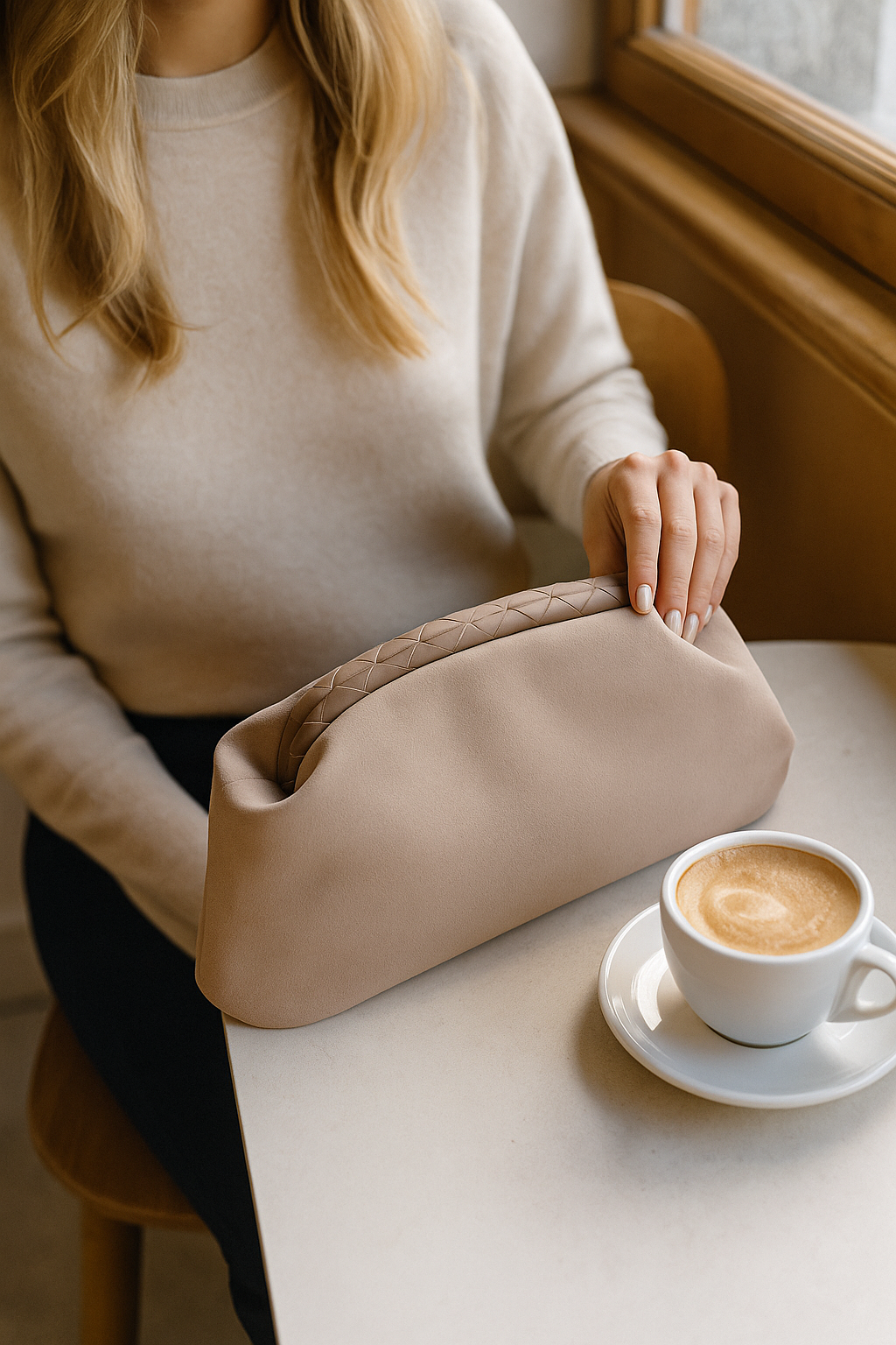 Bej Süet Deri Portföy Clutch Çanta