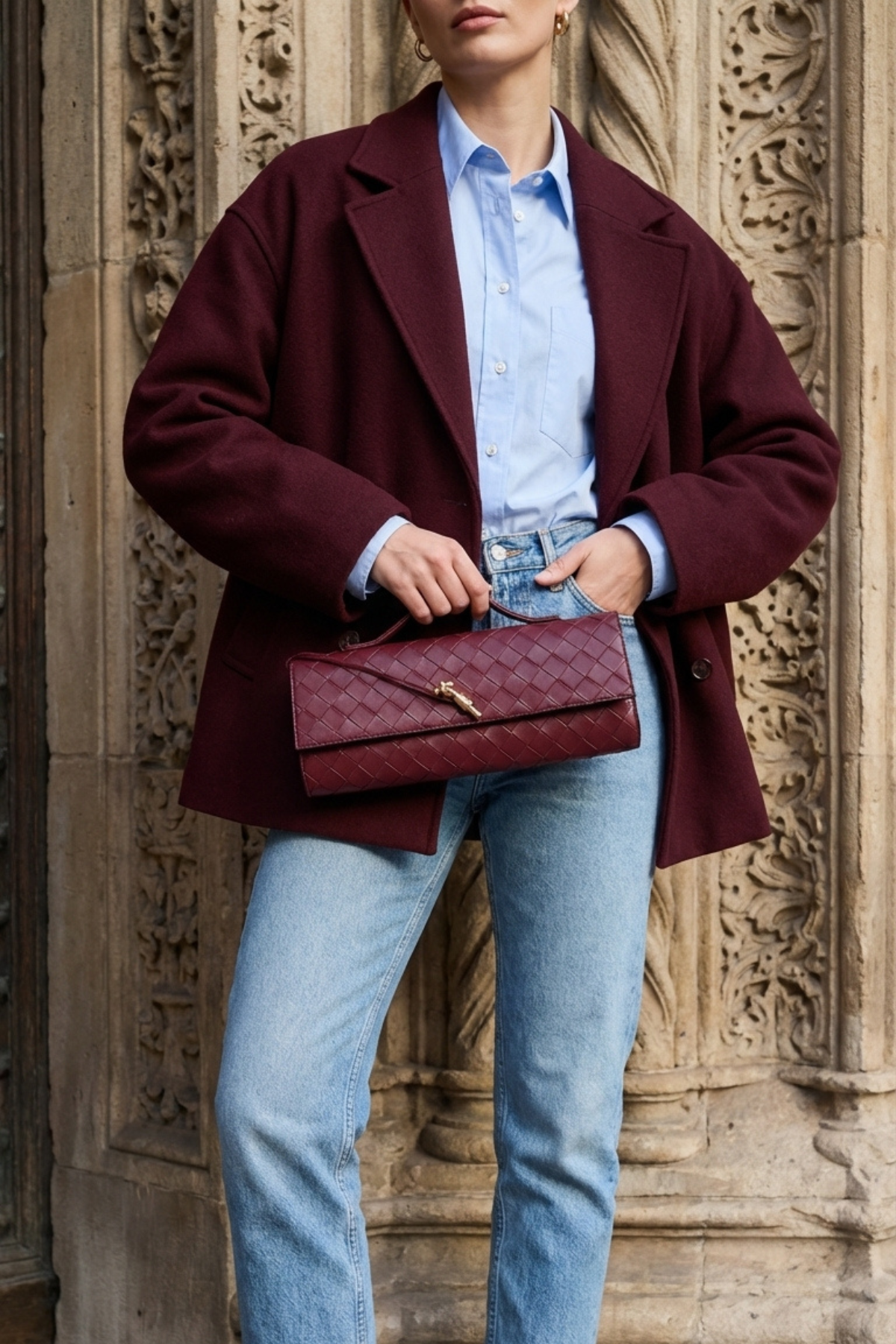 Bordo Örgü Derili Portföy Clutch Çanta