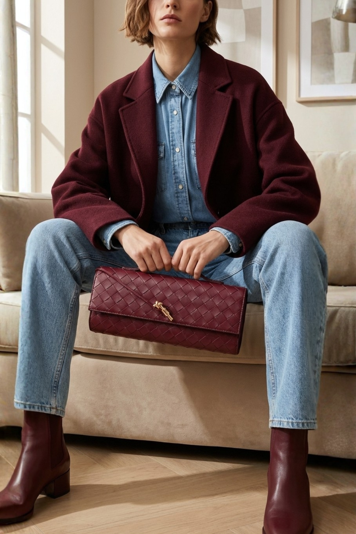 Bordo Örgü Derili Portföy Clutch Çanta