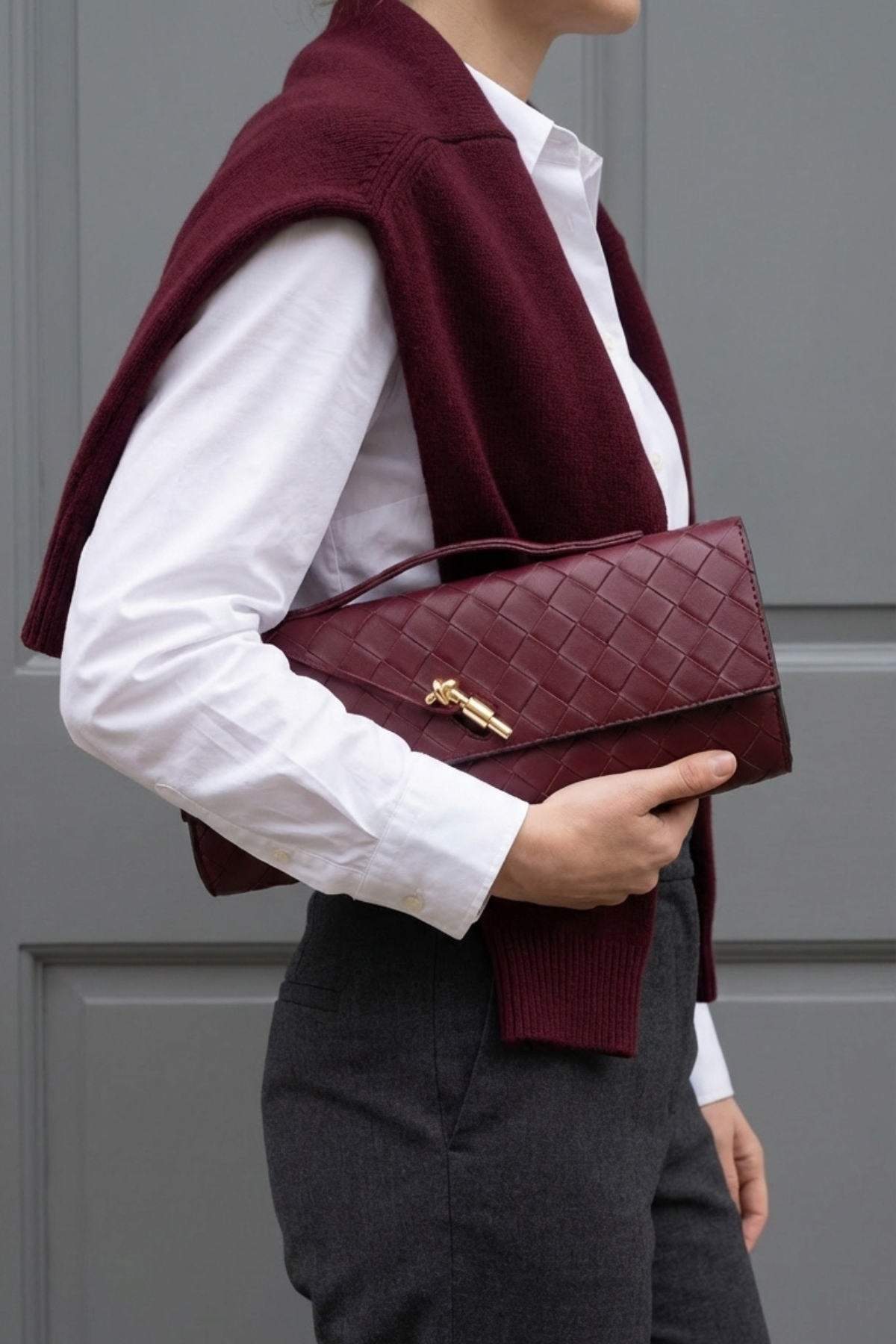 Bordo Örgü Derili Portföy Clutch Çanta