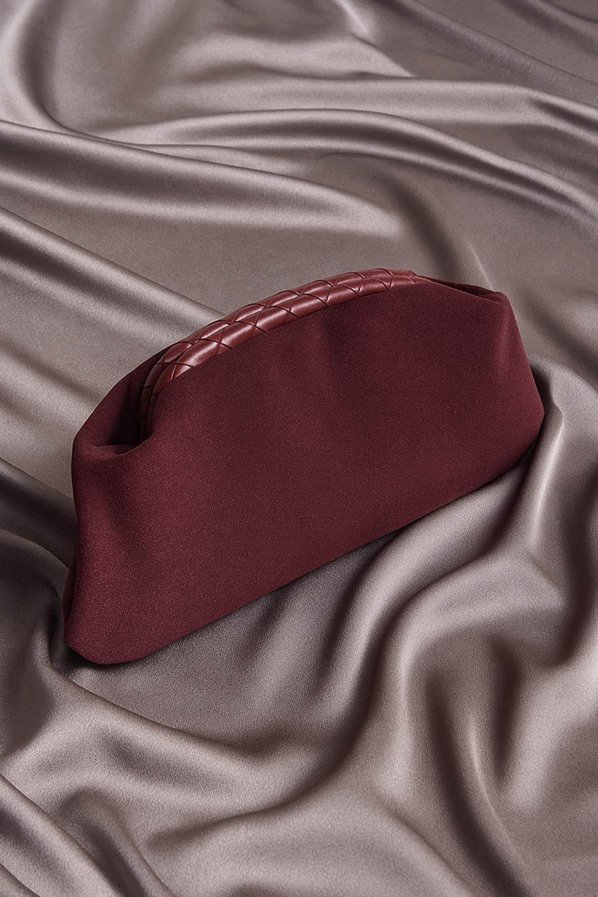 Bordo Süet Deri Portföy Clutch Çanta