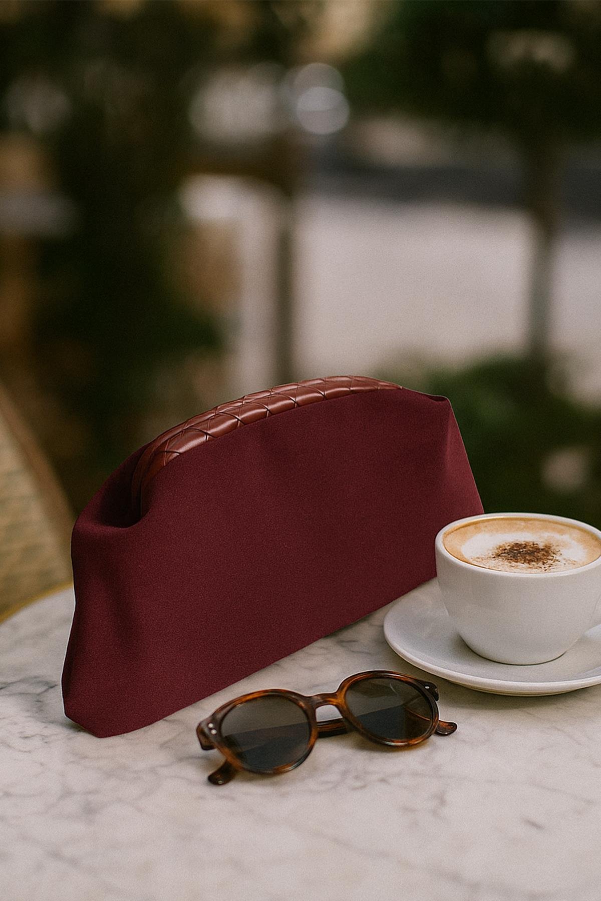 Bordo Süet Deri Portföy Clutch Çanta
