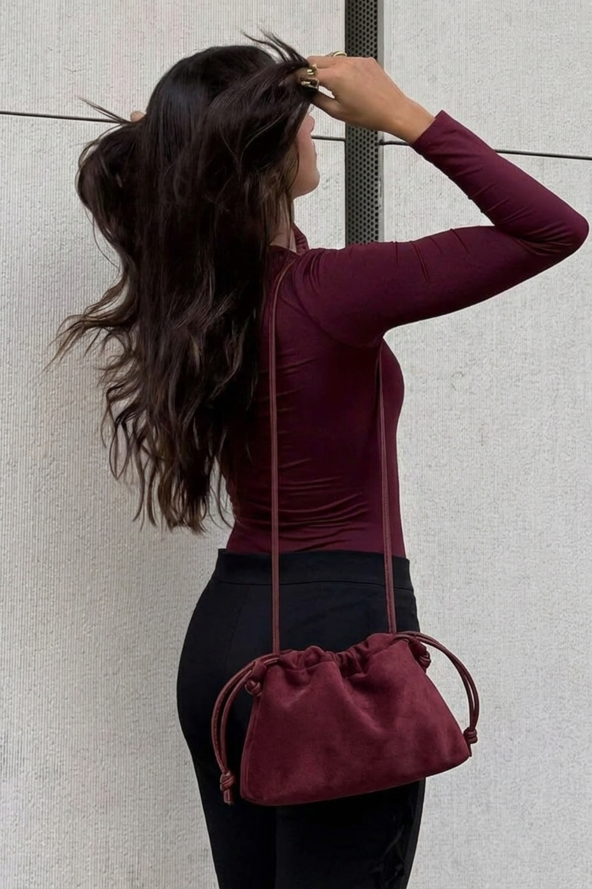 Bordo Süet Uzun Askılı Büzgülü Çapraz Çanta