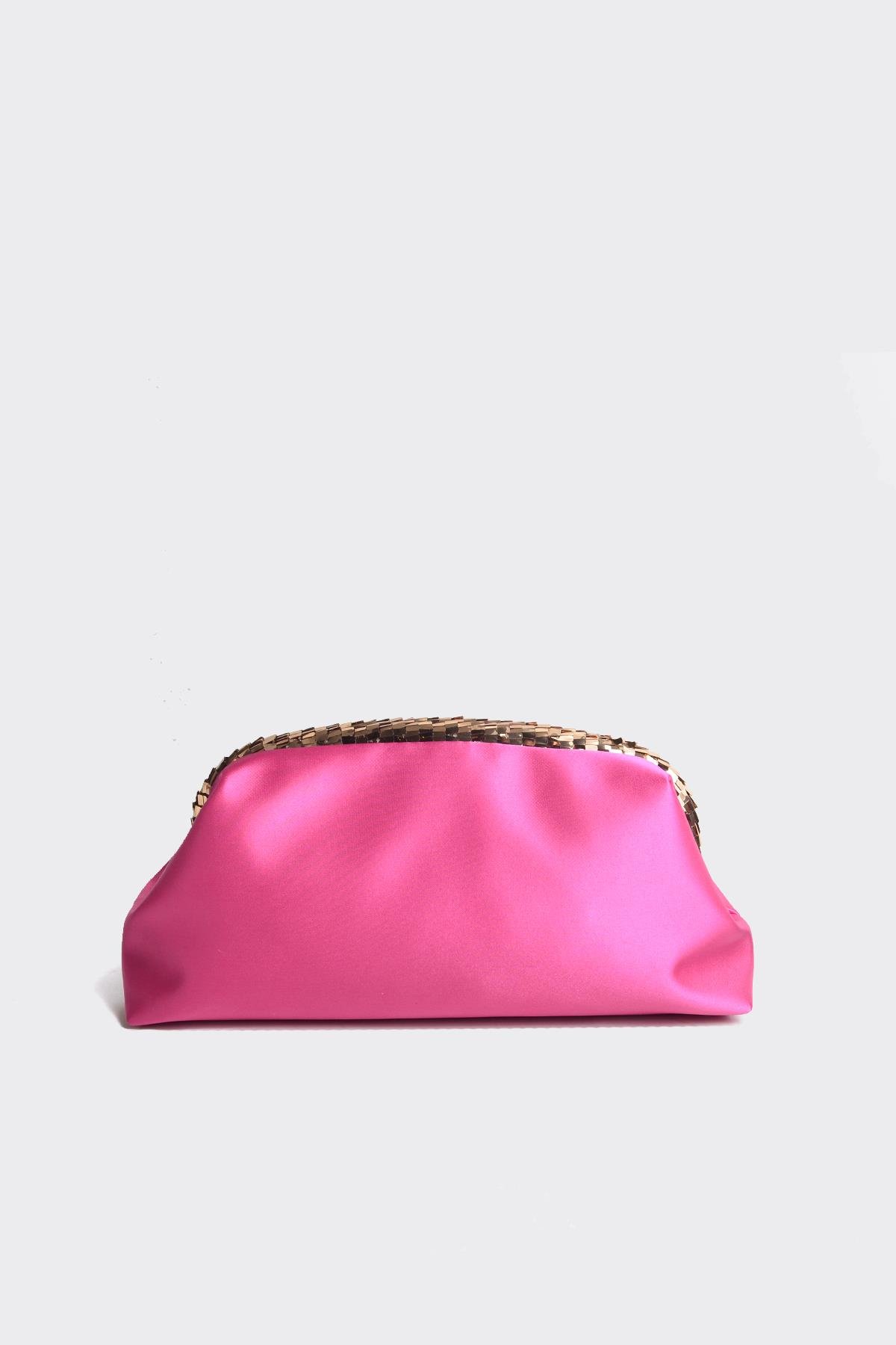 Fuşya Saten Gold Payet Detaylı Clutch Abiye Çanta