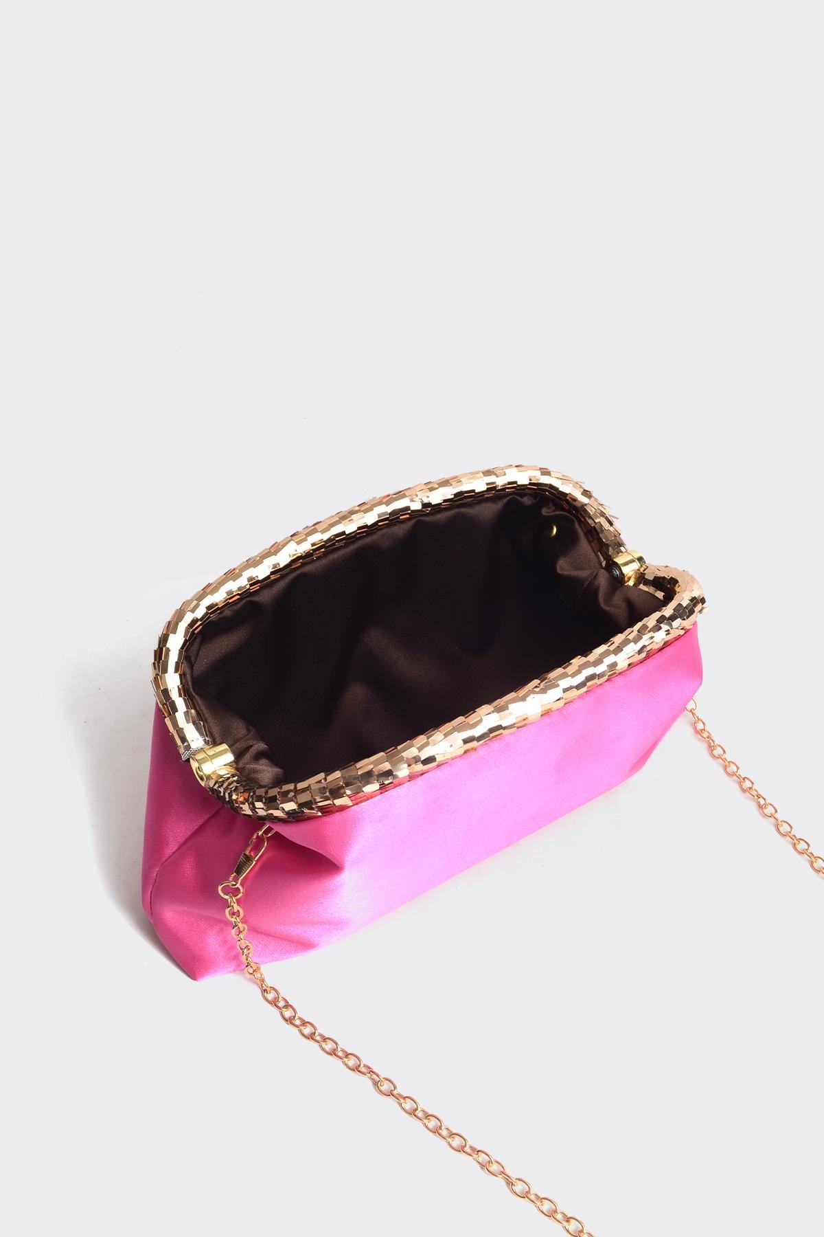 Fuşya Saten Gold Payet Detaylı Clutch Abiye Çanta