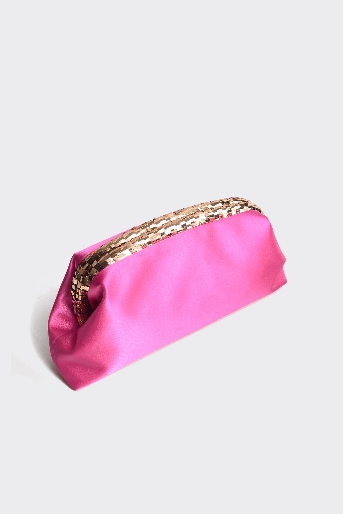 Fuşya Saten Gold Payet Detaylı Clutch Abiye Çanta