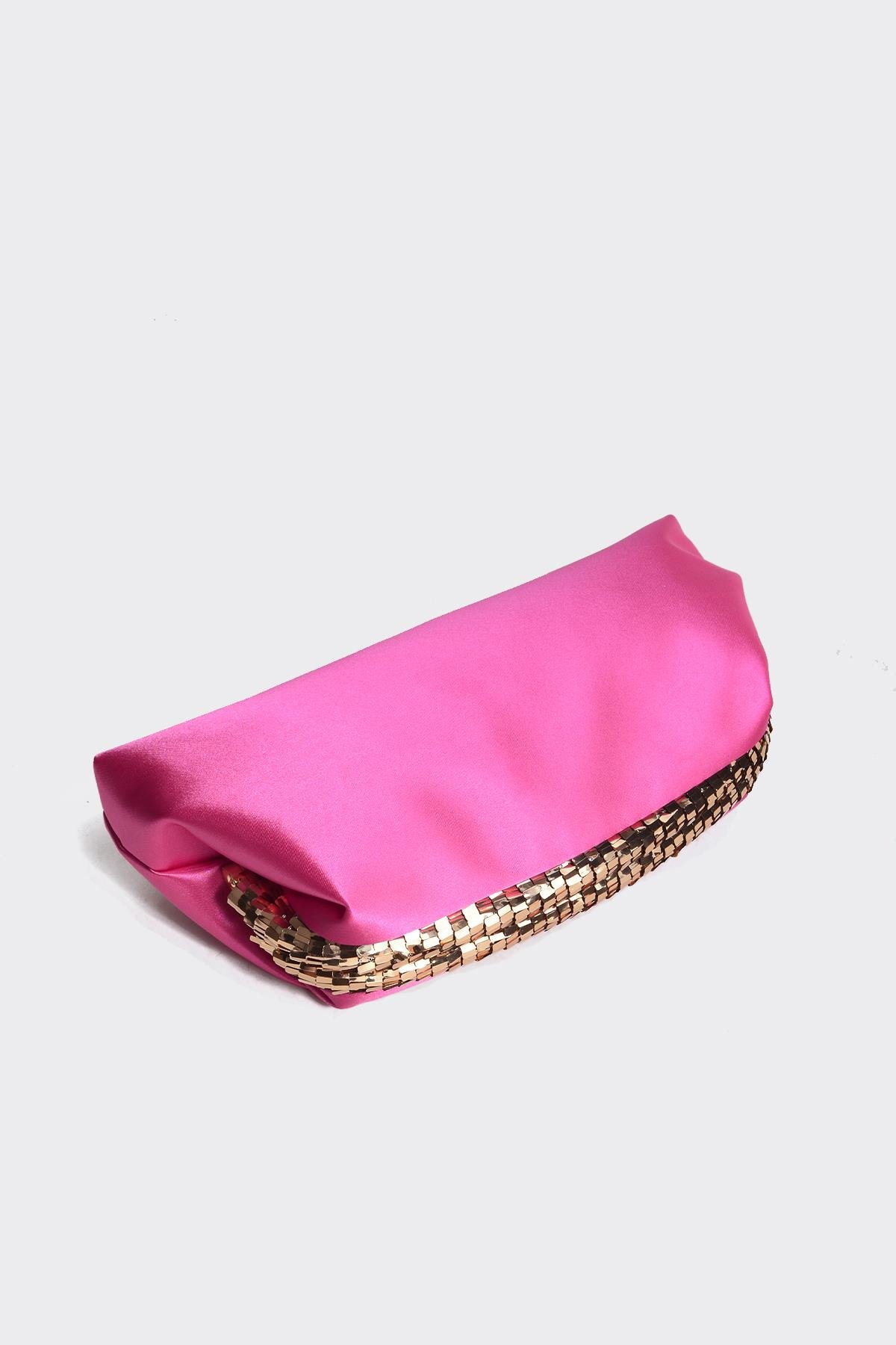 Fuşya Saten Gold Payet Detaylı Clutch Abiye Çanta