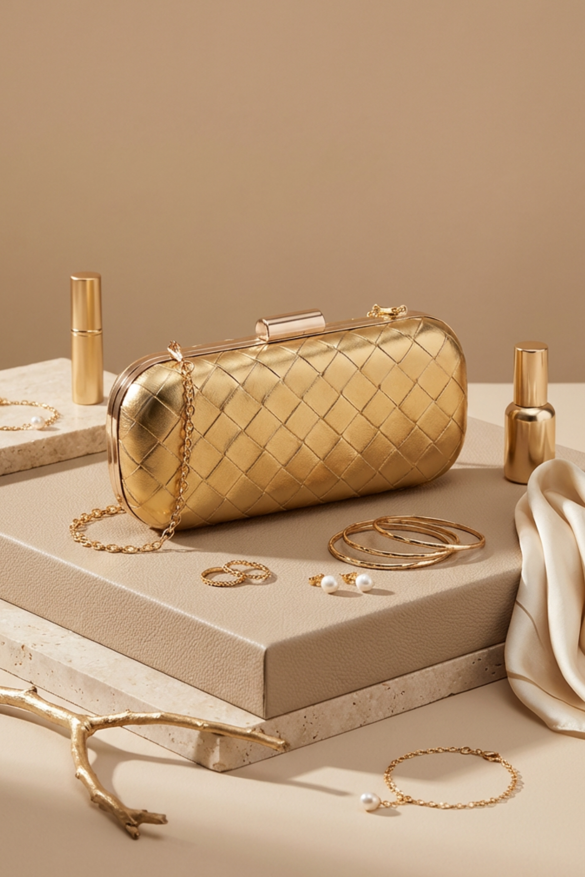 Gold Metalik Örgü Derili Zincirli Metal Kapaklı Clutch Çanta