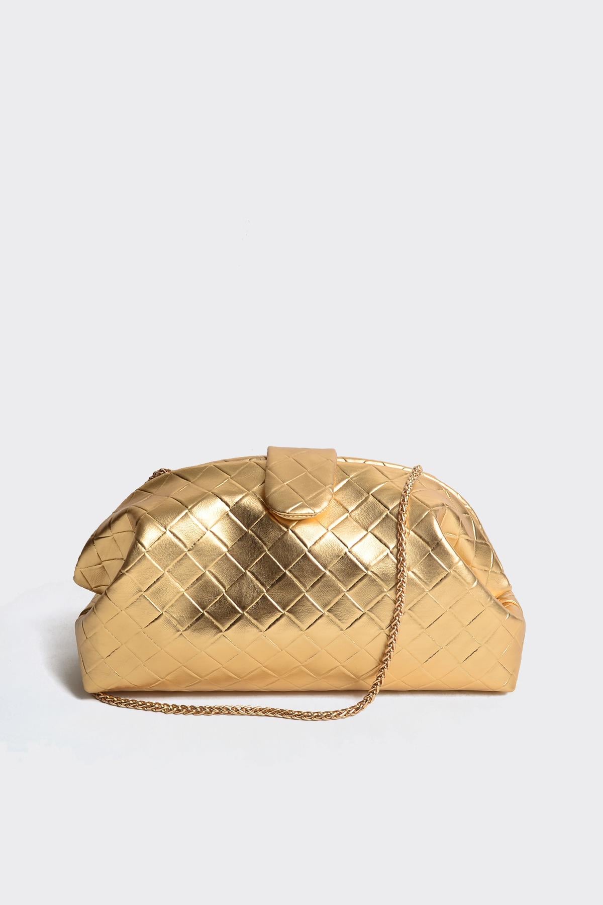 Gold Metalik Örgü Derili Zincirli Portföy ve Omuz Çantası