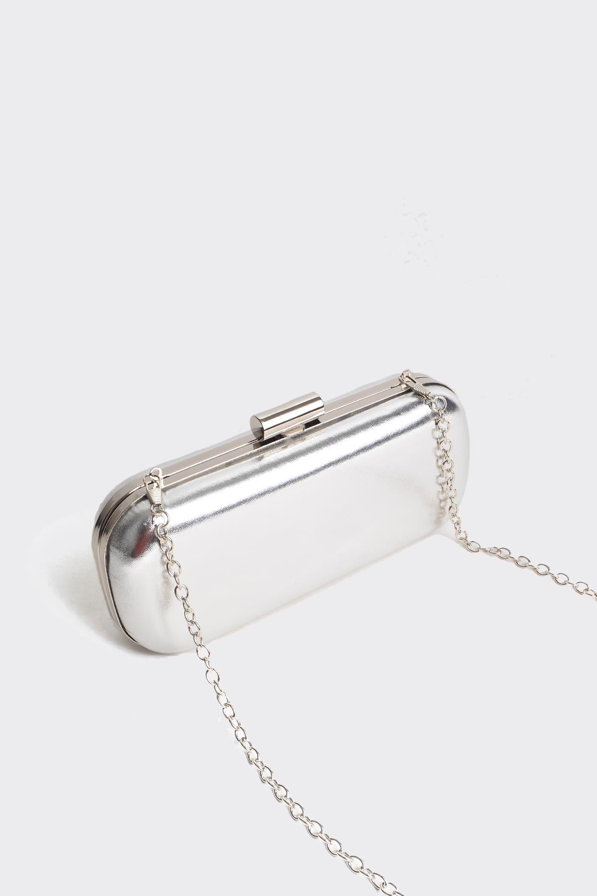 Gümüş Metalik Gümüş Kapaklı Clutch Abiye Çanta