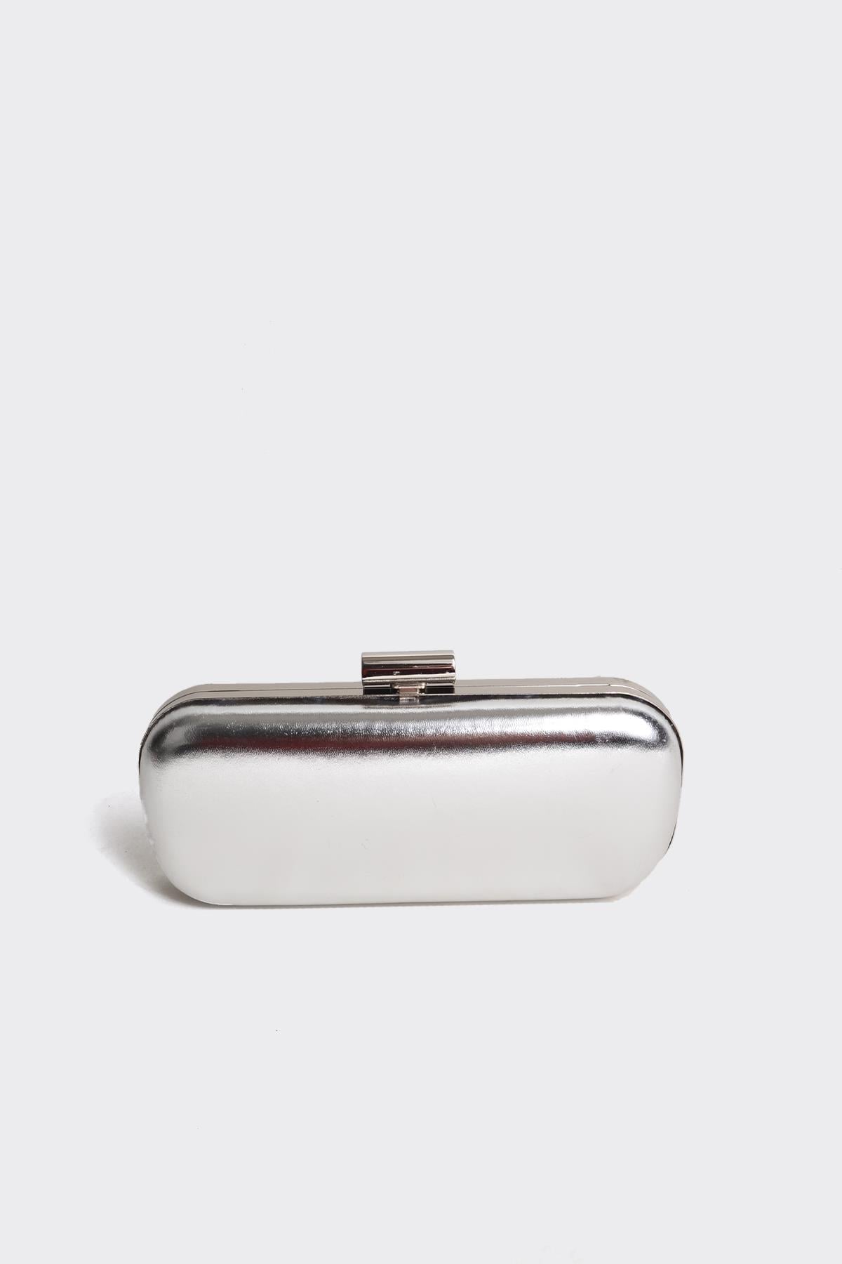 Gümüş Metalik Gümüş Kapaklı Clutch Abiye Çanta