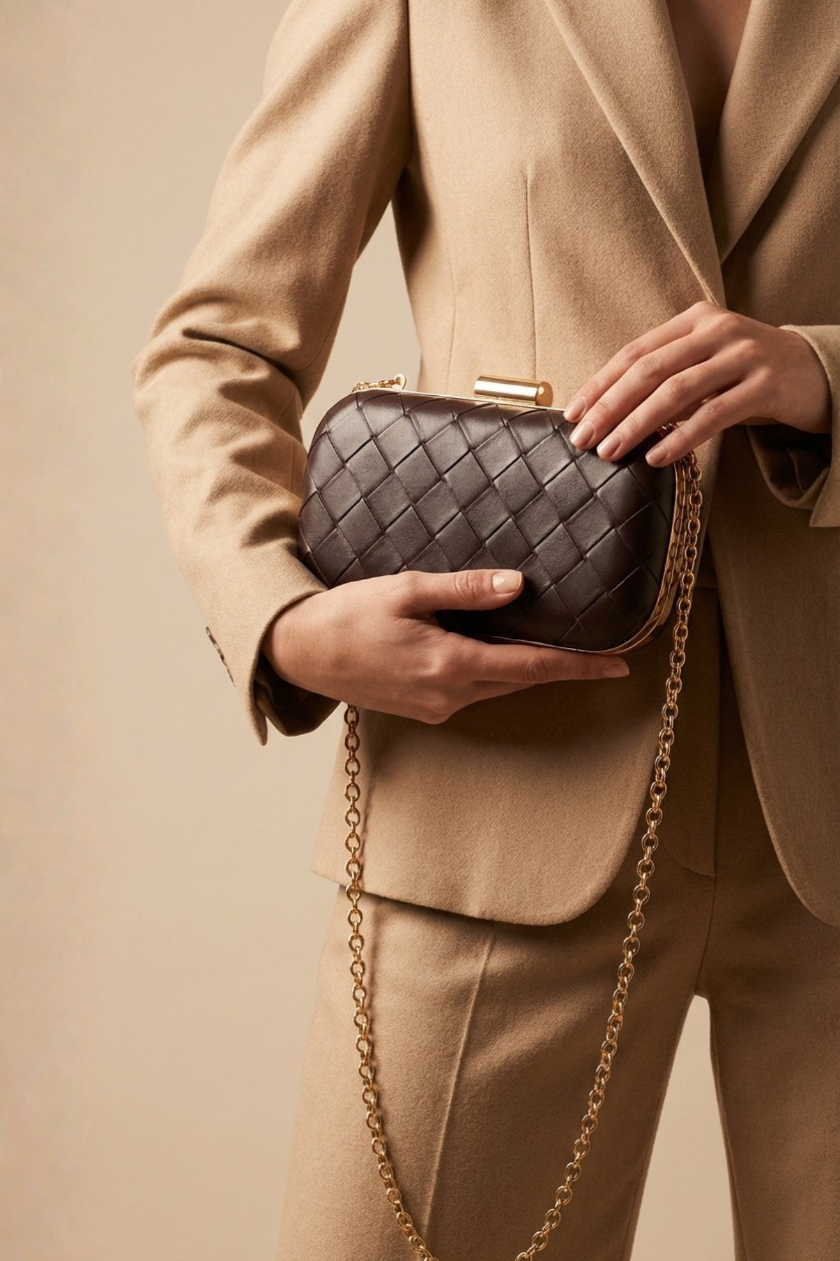 Kahverengi Gold Örgü Derili Zincirli Metal Kapaklı Clutch Çanta