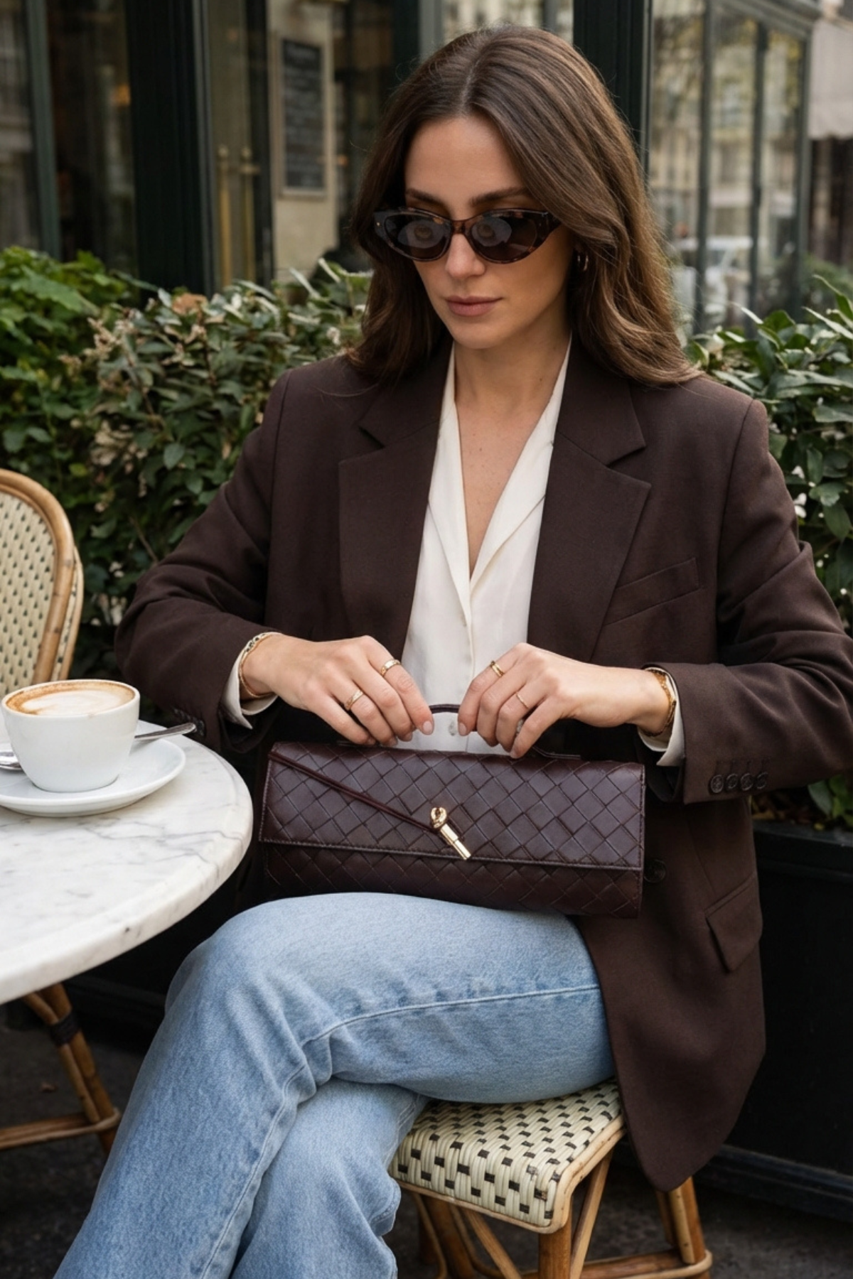 Kahverengi Örgü Derili Portföy Clutch Çanta