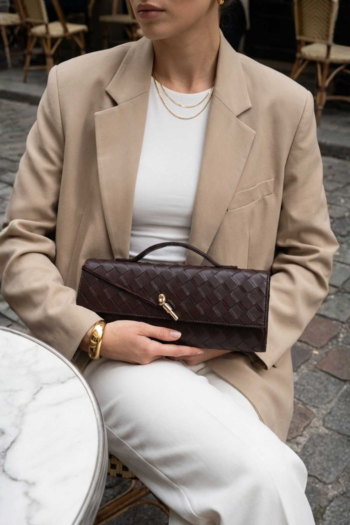Kahverengi Örgü Derili Portföy Clutch Çanta