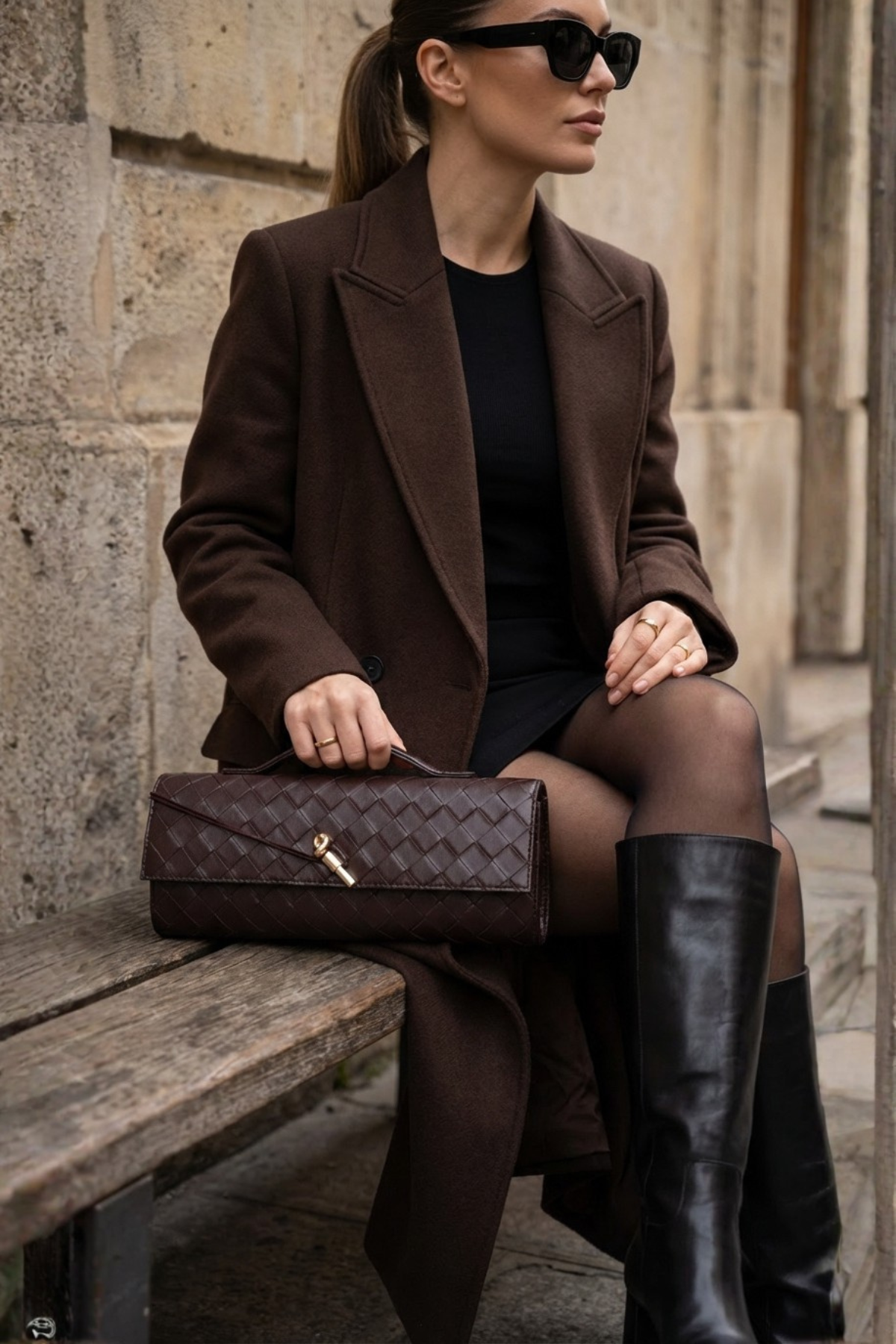 Kahverengi Örgü Derili Portföy Clutch Çanta