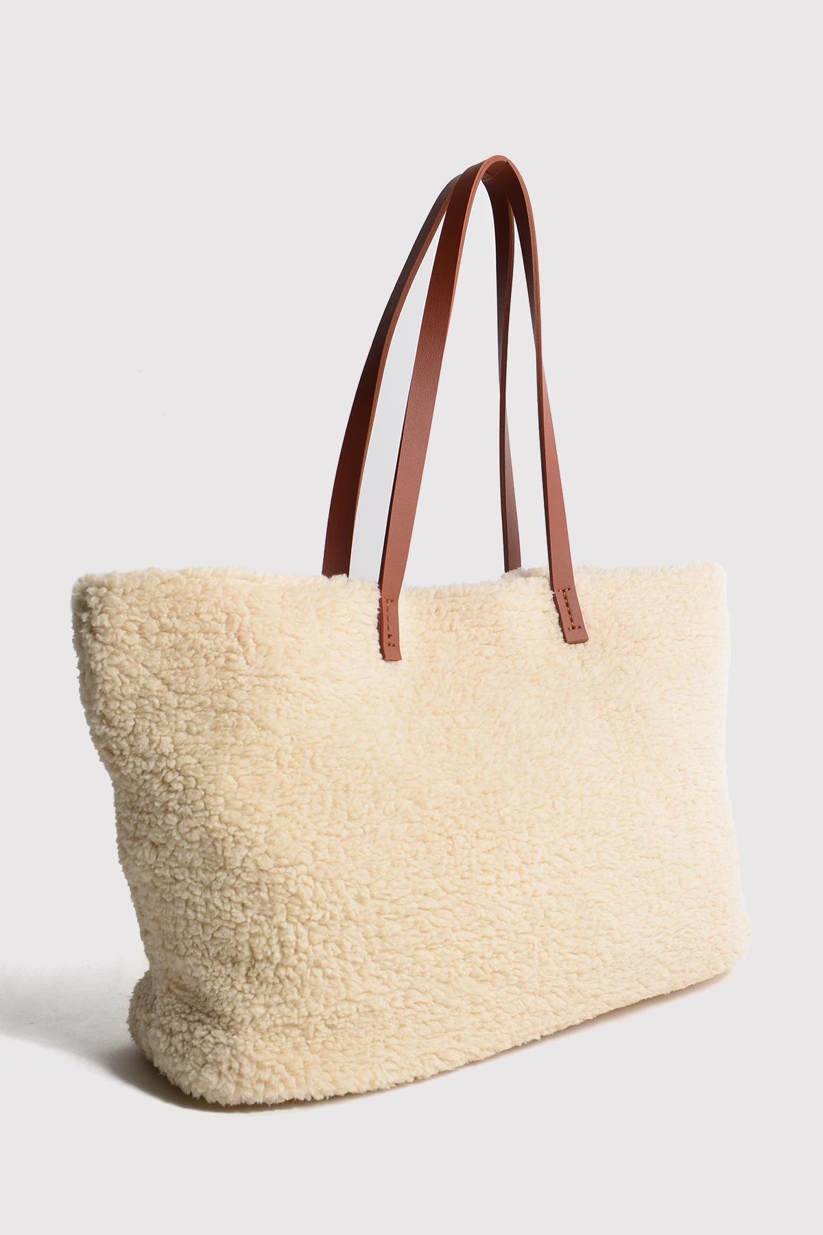 Krem Deri Saplı Peluş Tote Çanta