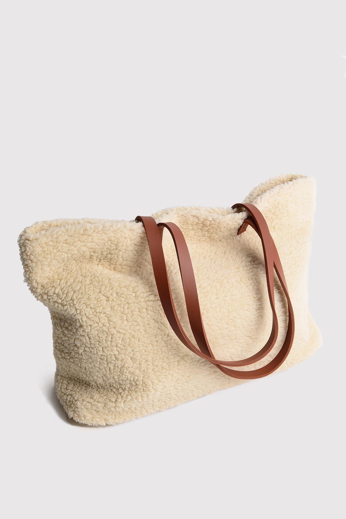 Krem Deri Saplı Peluş Tote Çanta