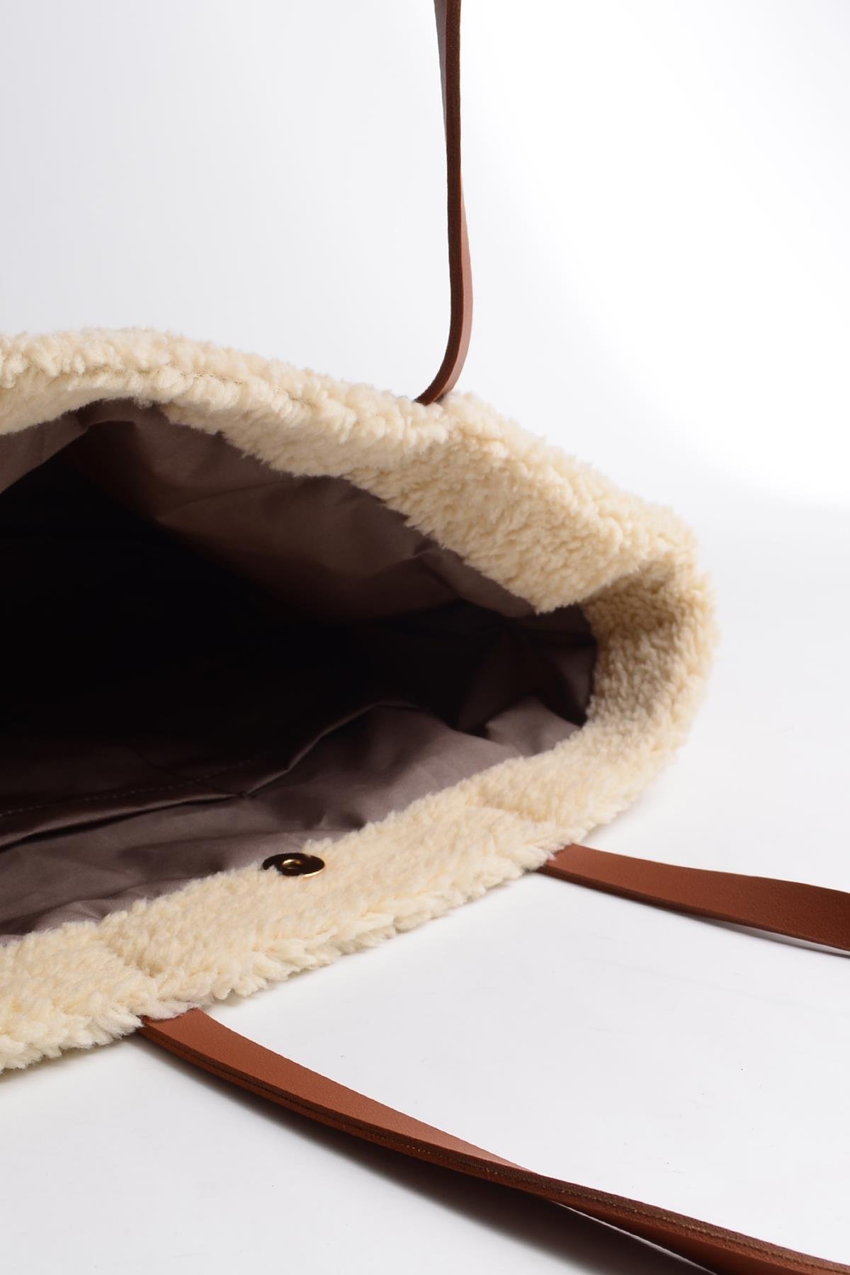 Krem Deri Saplı Peluş Tote Çanta