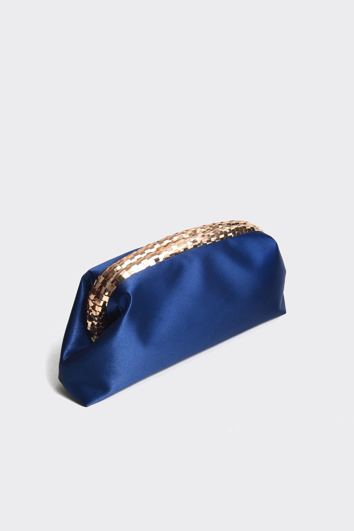Lacivert Saten Gold Payet Detaylı Clutch Abiye Çanta