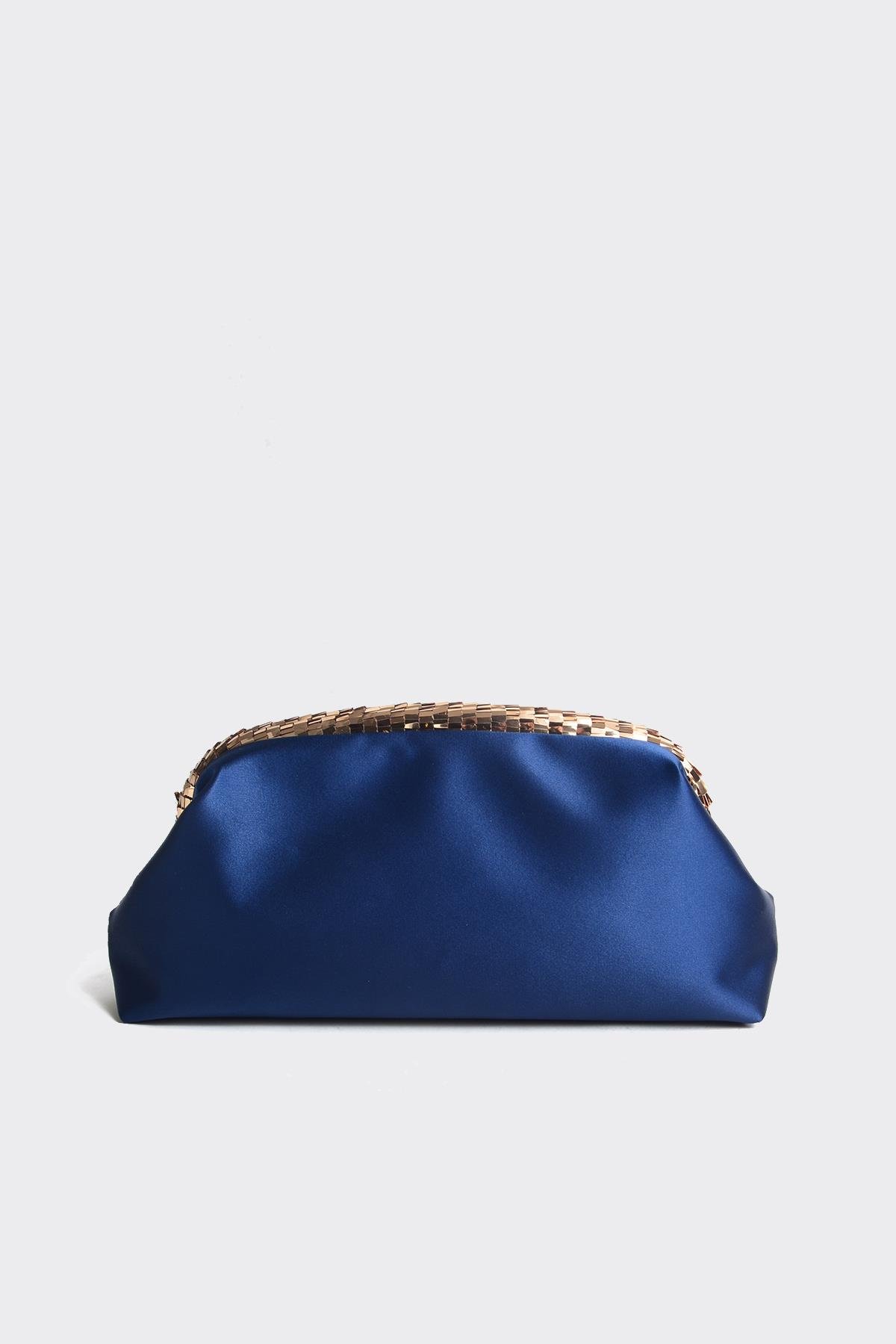 Lacivert Saten Gold Payet Detaylı Clutch Abiye Çanta