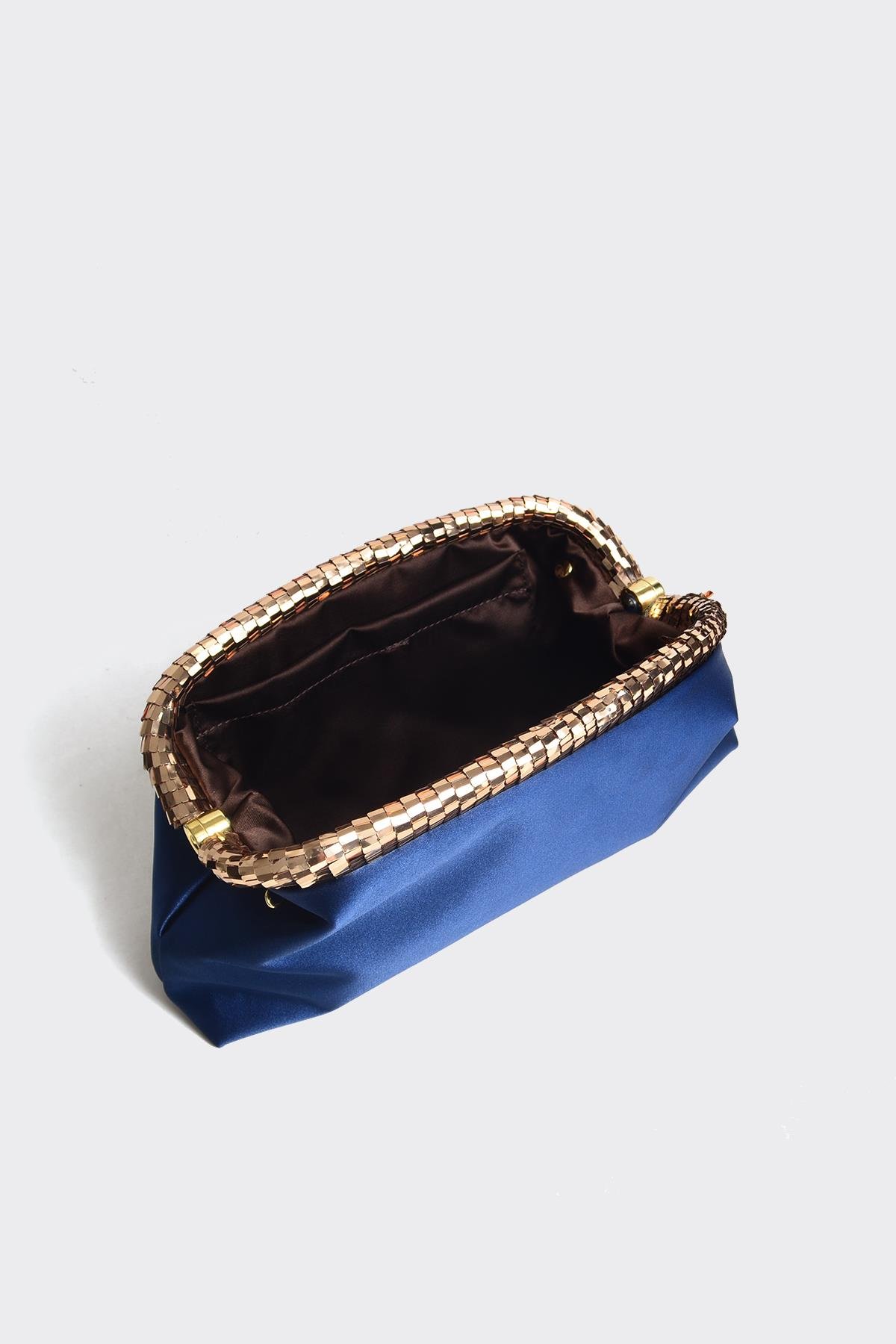 Lacivert Saten Gold Payet Detaylı Clutch Abiye Çanta