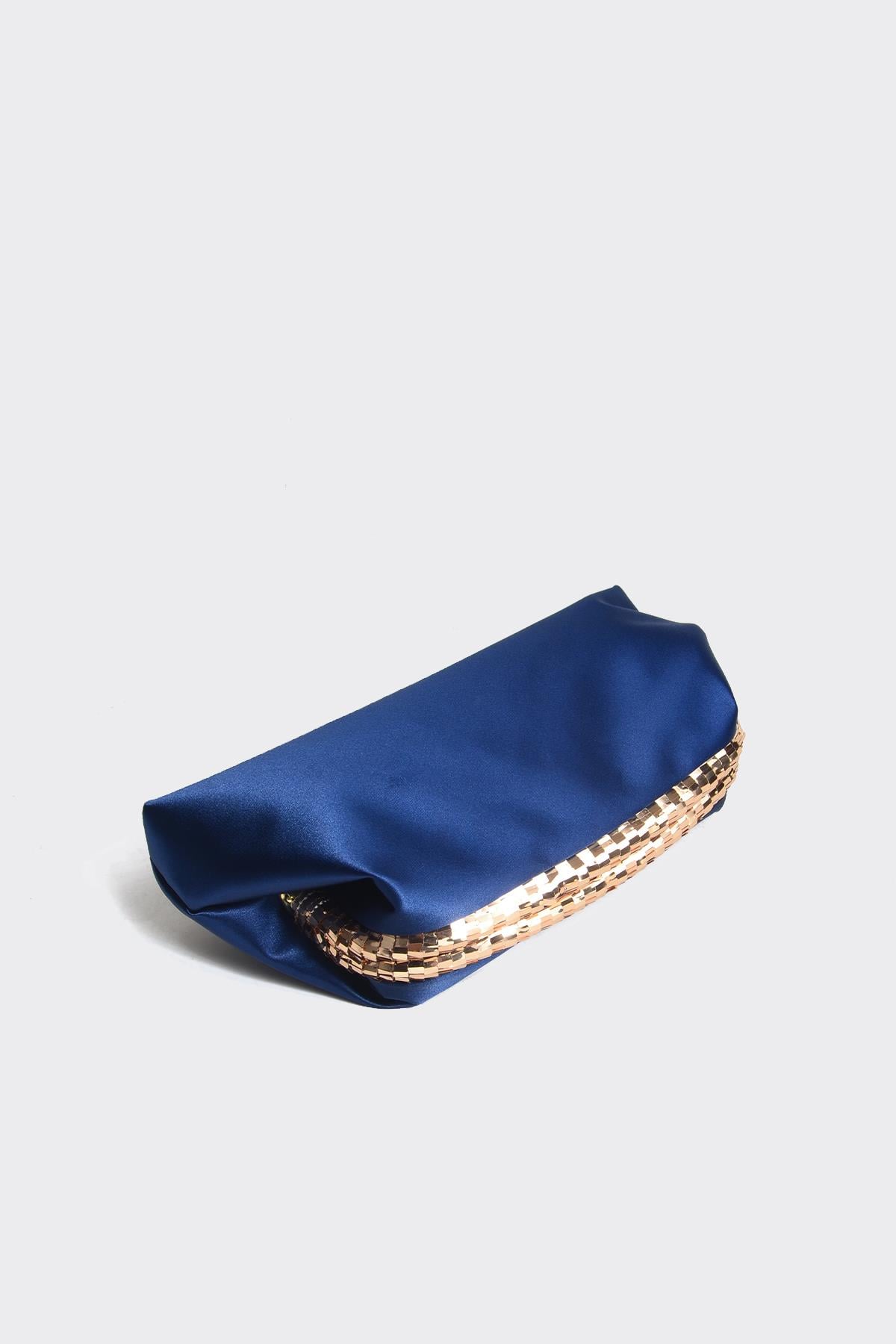 Lacivert Saten Gold Payet Detaylı Clutch Abiye Çanta