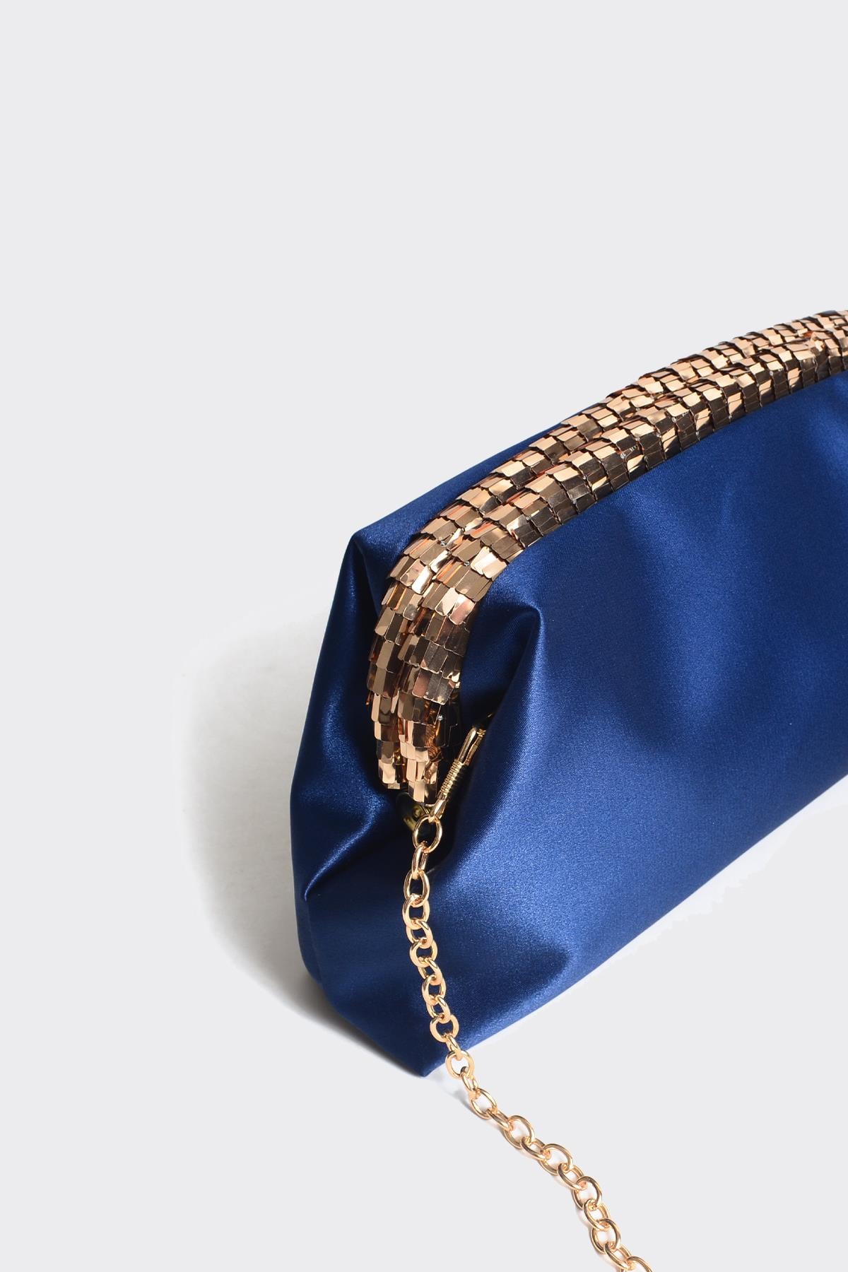Lacivert Saten Gold Payet Detaylı Clutch Abiye Çanta