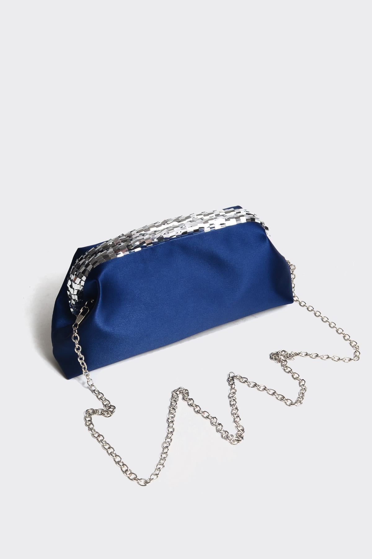 Lacivert Saten Gümüş Payet Detaylı Clutch Abiye Çanta