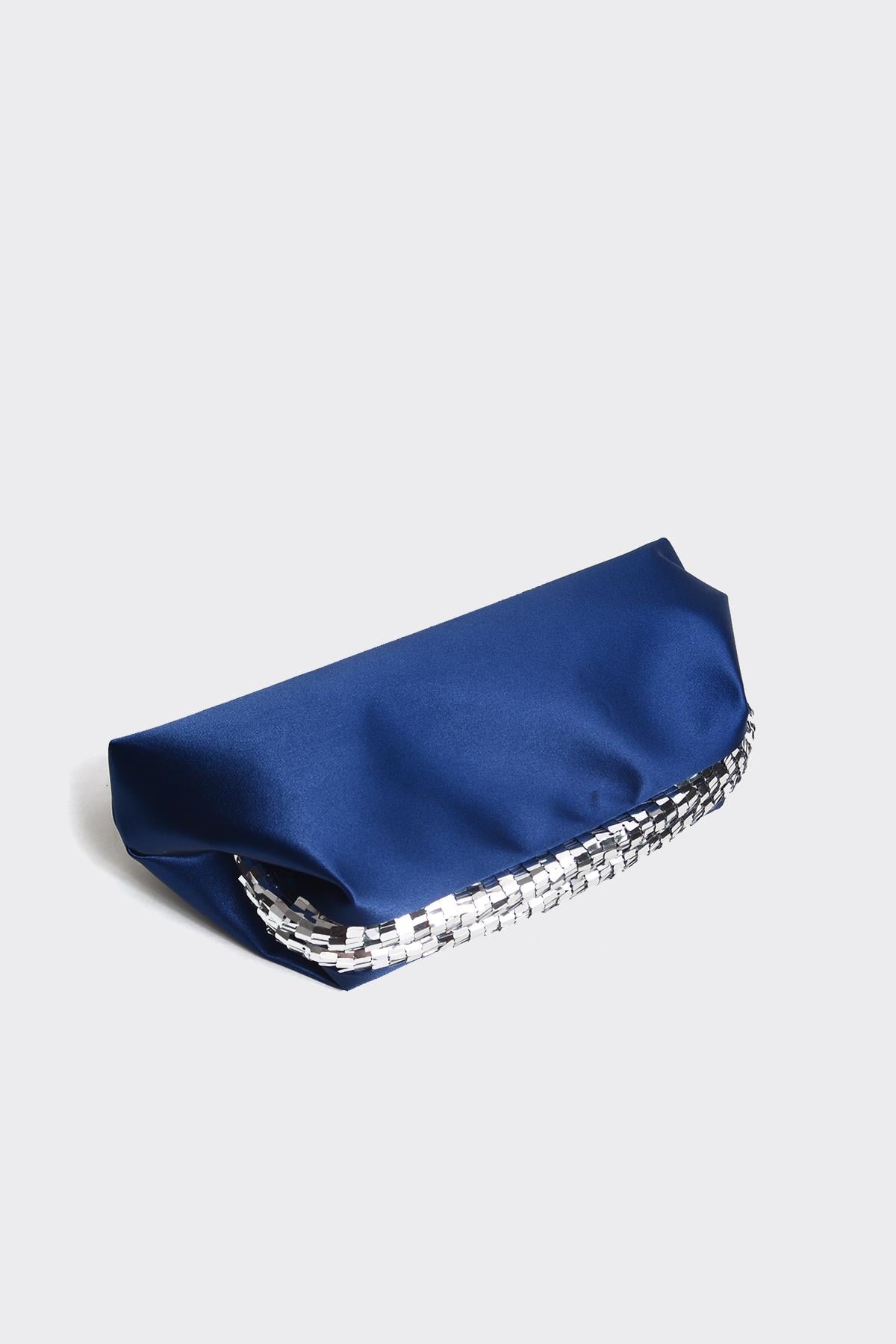 Lacivert Saten Gümüş Payet Detaylı Clutch Abiye Çanta