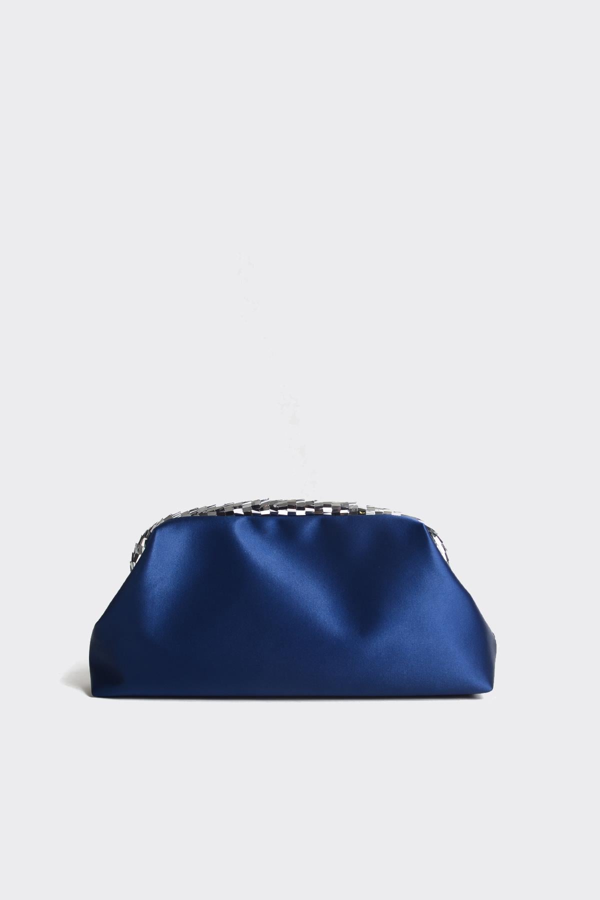 Lacivert Saten Gümüş Payet Detaylı Clutch Abiye Çanta