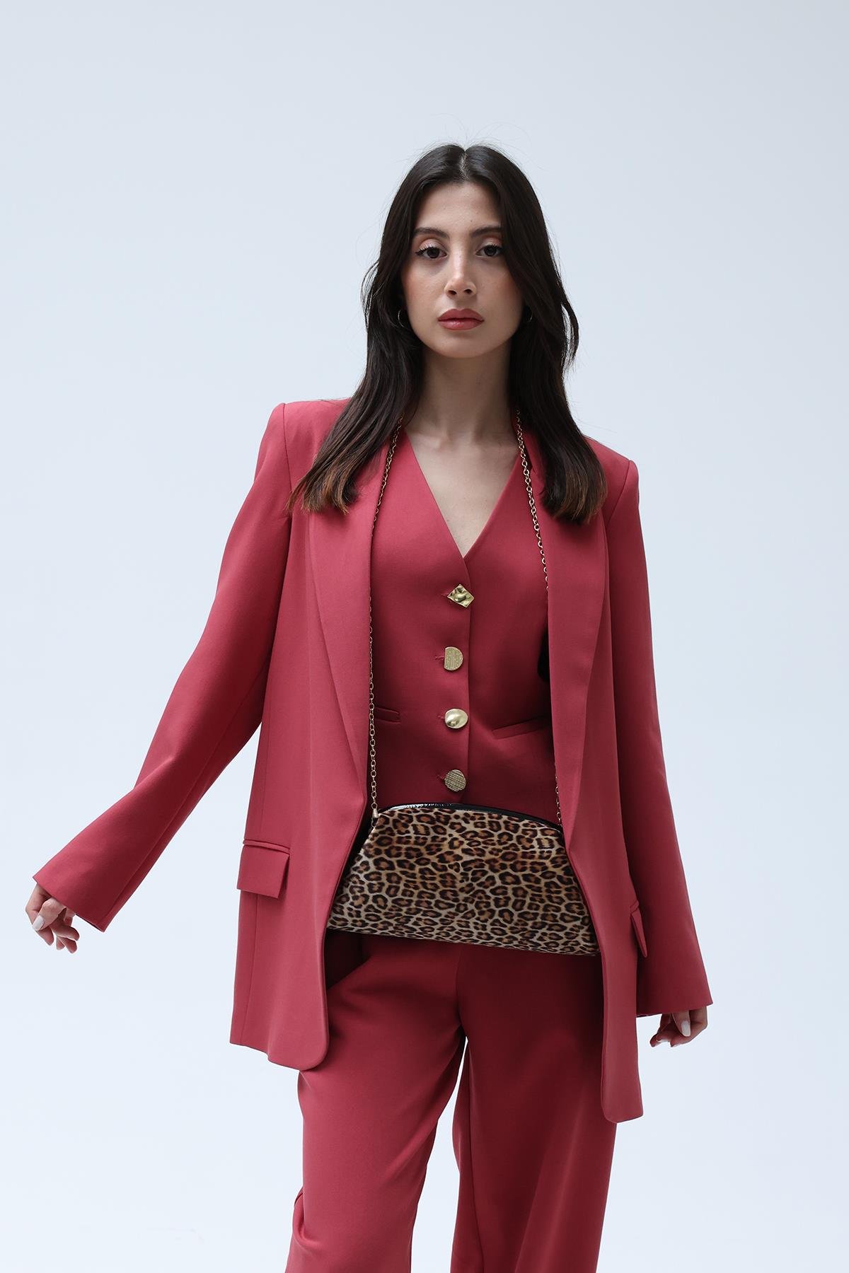 Leopar Desenli Zincirli Clutch Abiye Çanta
