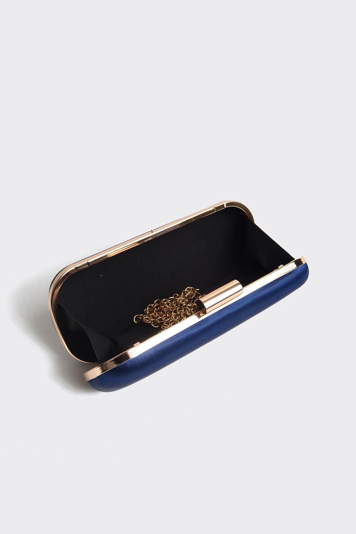 Mavi Saten Gold Kapaklı Clutch Abiye Çanta