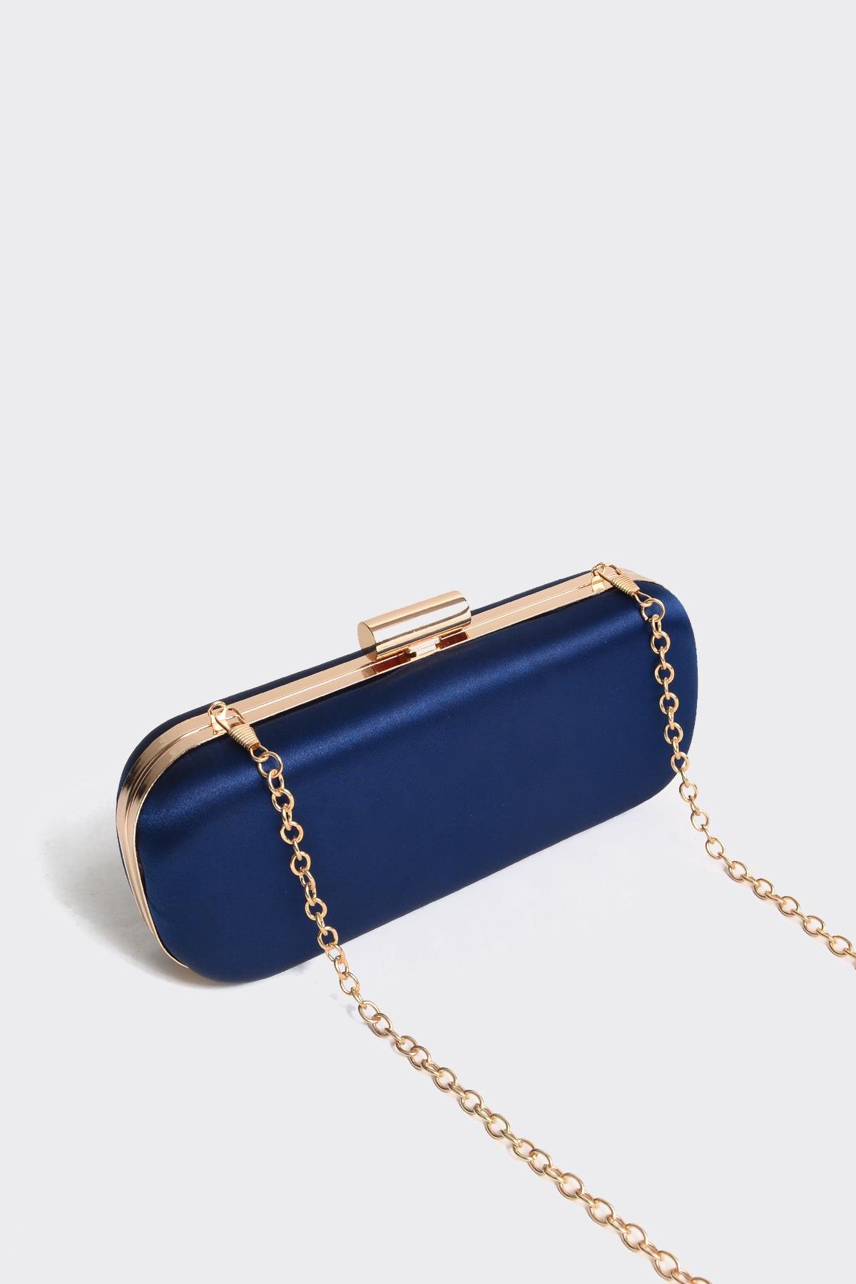 Mavi Saten Gold Kapaklı Clutch Abiye Çanta