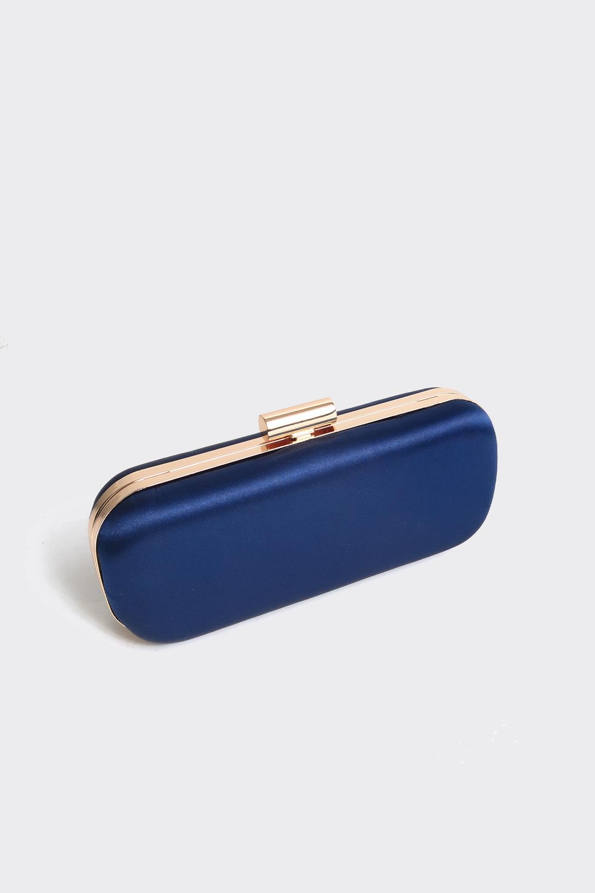 Mavi Saten Gold Kapaklı Clutch Abiye Çanta