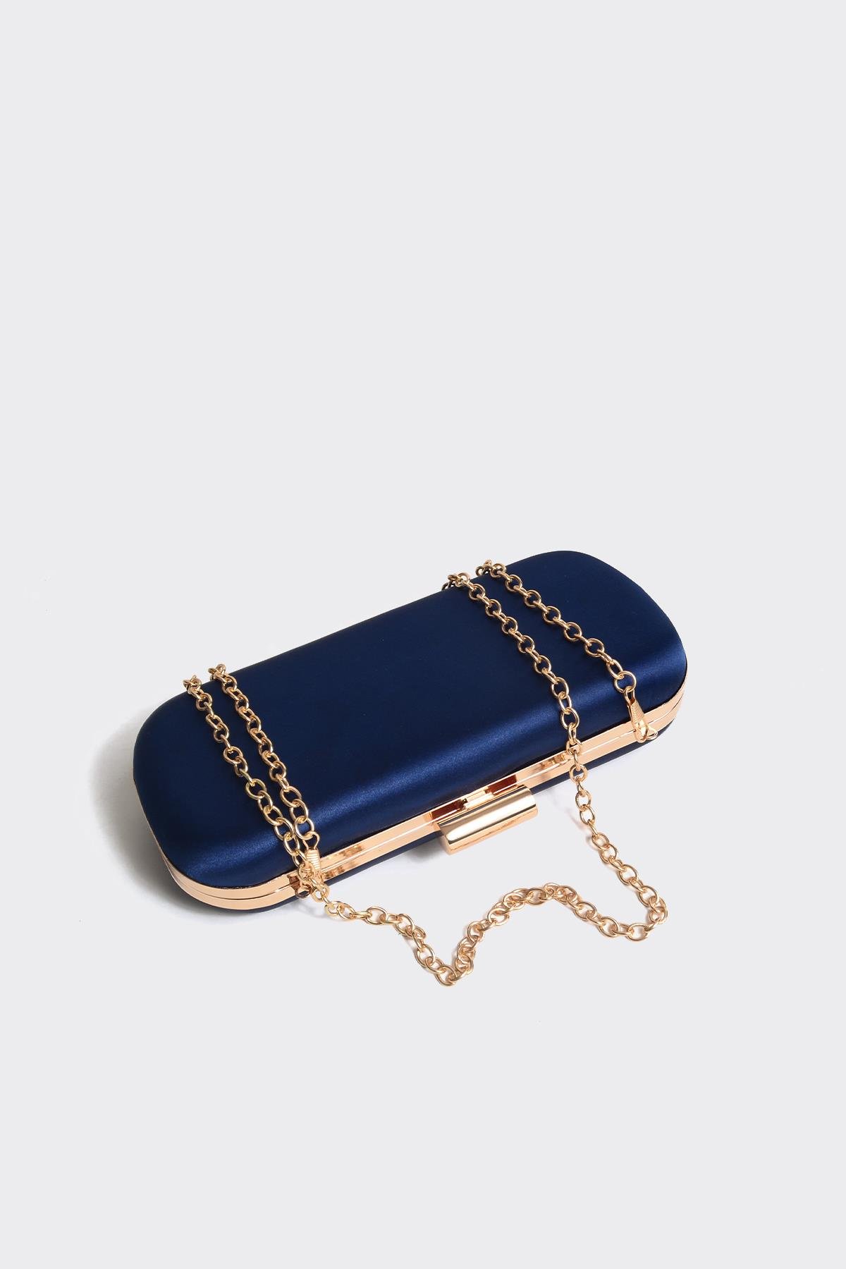 Mavi Saten Gold Kapaklı Clutch Abiye Çanta