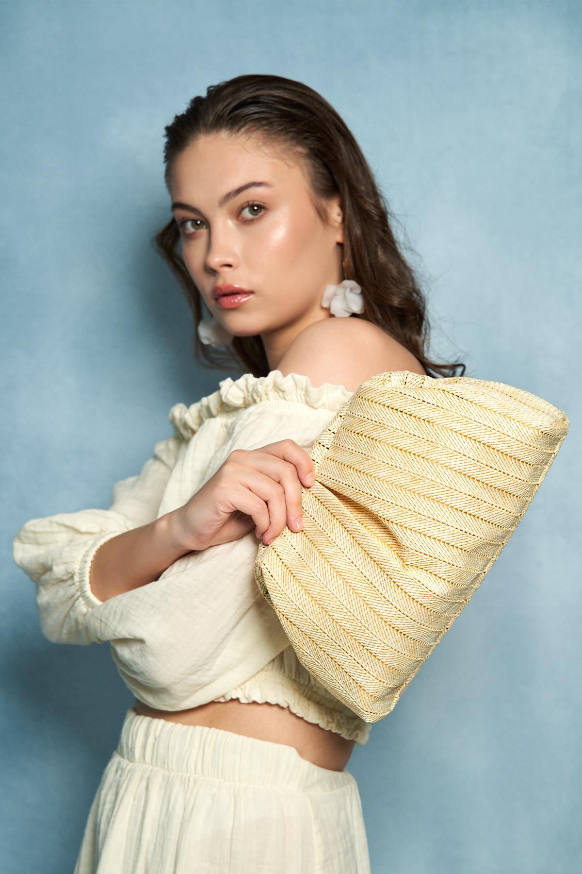 Sarı Hasır Portföy Clutch Çanta