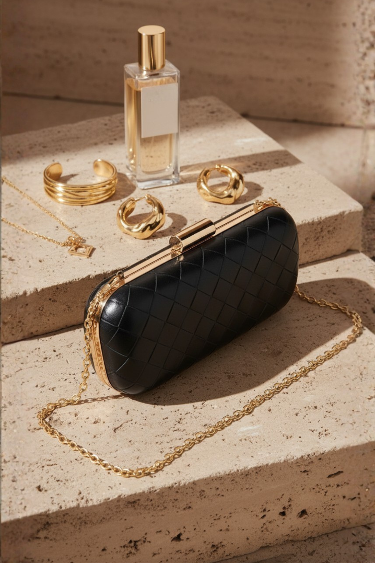 Siyah Gold Örgü Derili Zincirli Metal Kapaklı Clutch Çanta