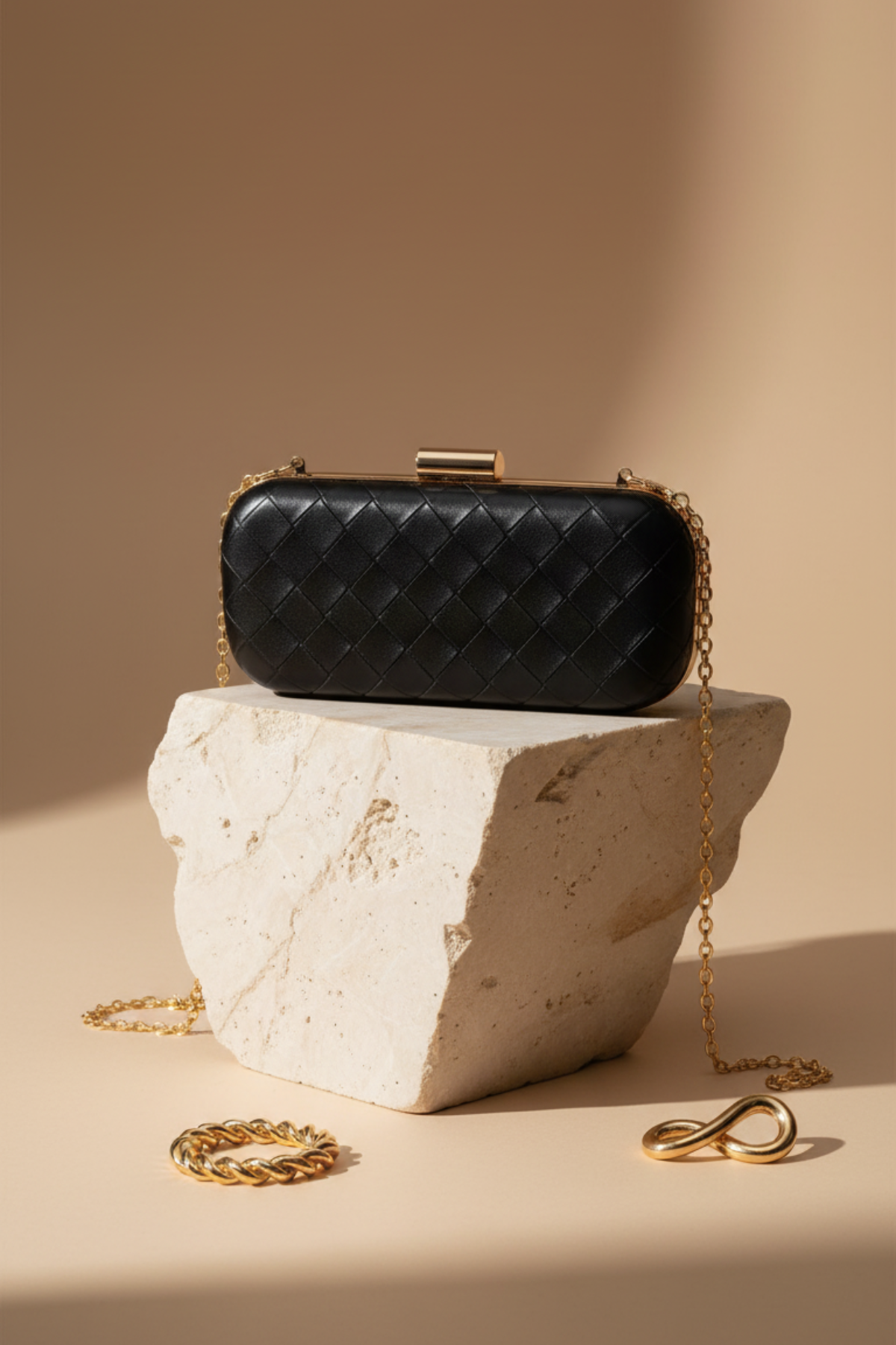 Siyah Gold Örgü Derili Zincirli Metal Kapaklı Clutch Çanta