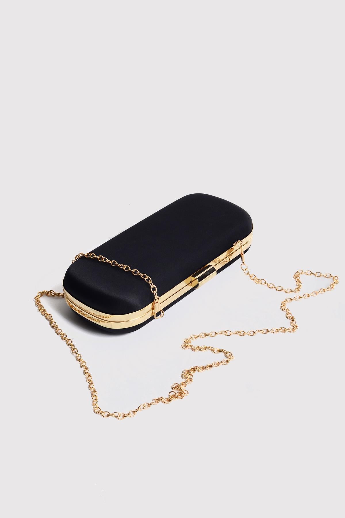 Siyah Kadın Saten Gold Kapaklı Clutch Abiye Çanta