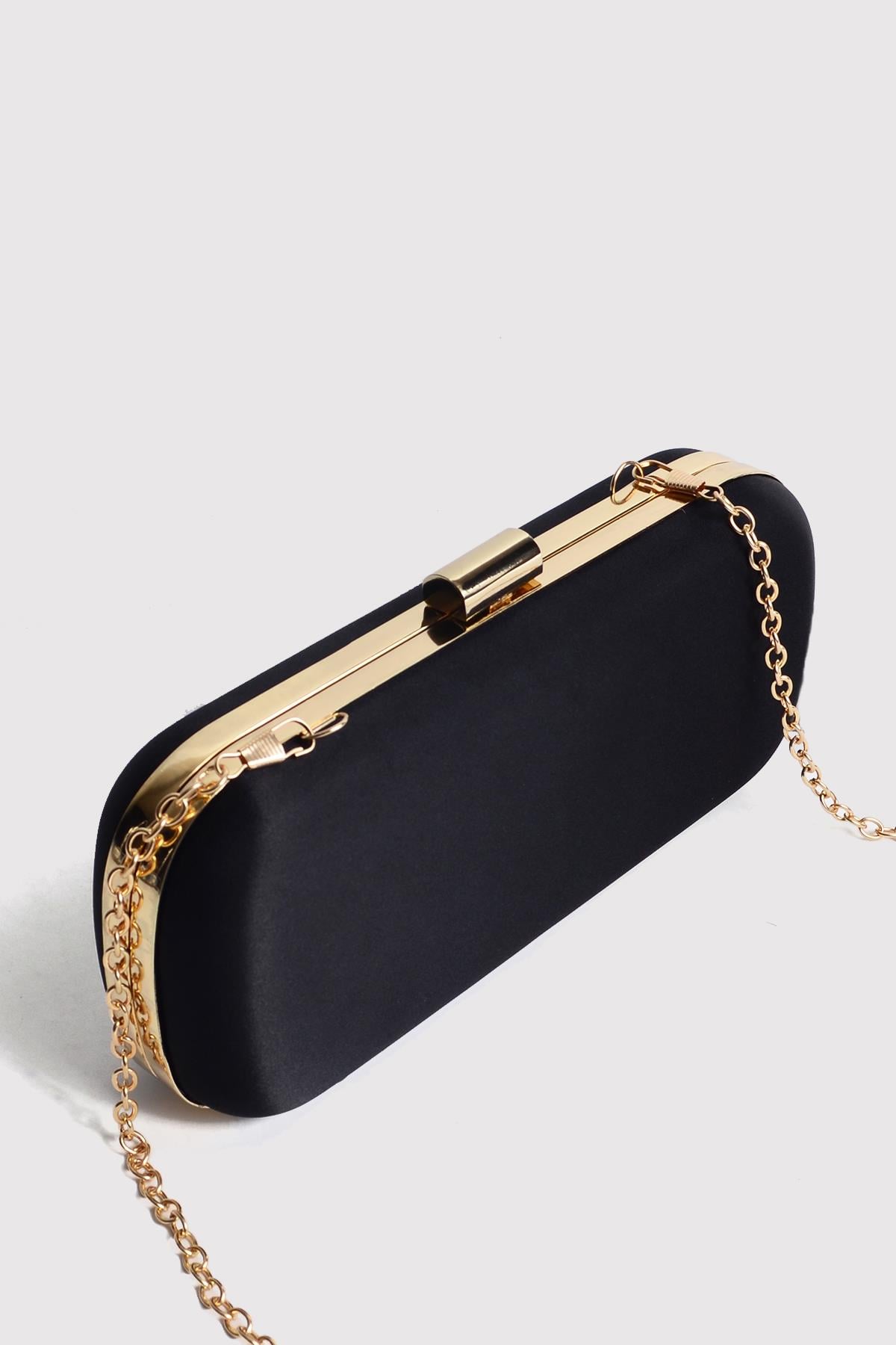Siyah Kadın Saten Gold Kapaklı Clutch Abiye Çanta