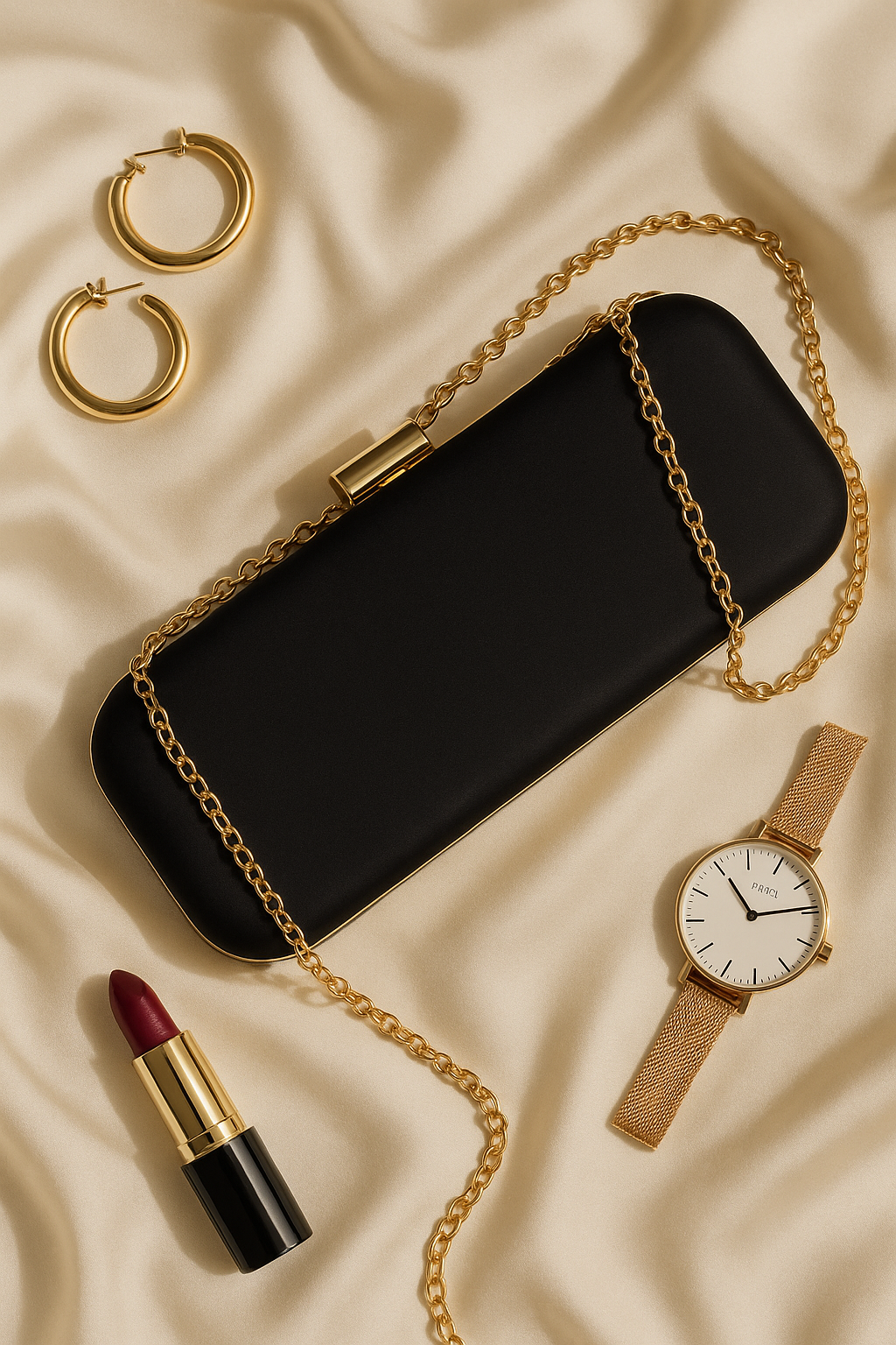 Siyah Kadın Saten Gold Kapaklı Clutch Abiye Çanta