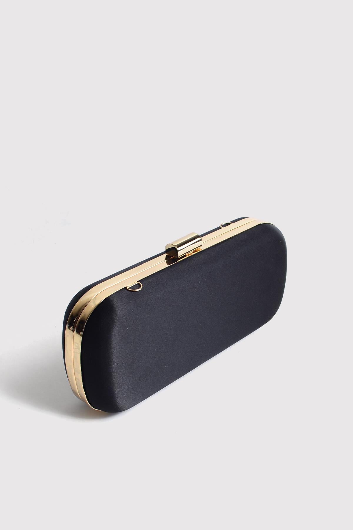 Siyah Kadın Saten Gold Kapaklı Clutch Abiye Çanta