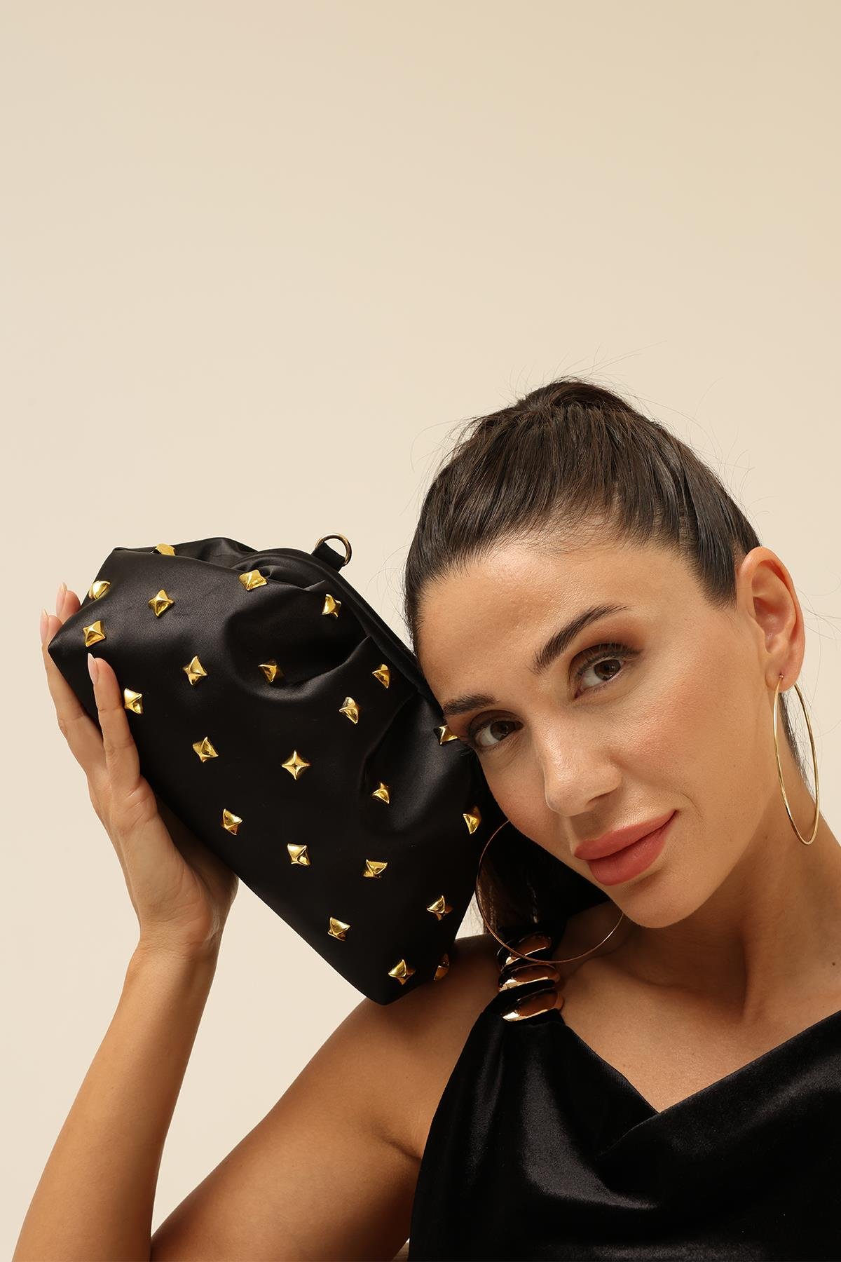 Siyah Kadın Saten Gold Taşlı Clutch Abiye Çanta