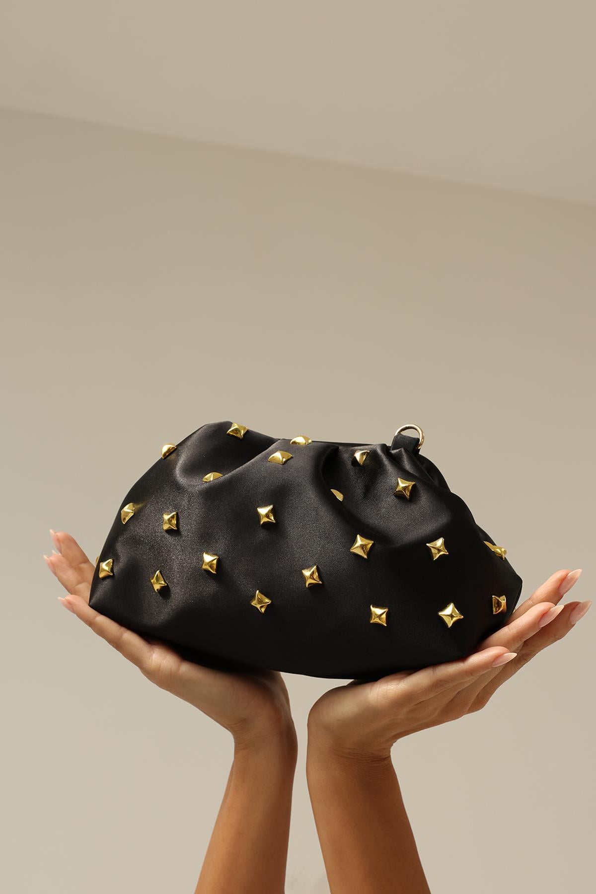Siyah Kadın Saten Gold Taşlı Clutch Abiye Çanta