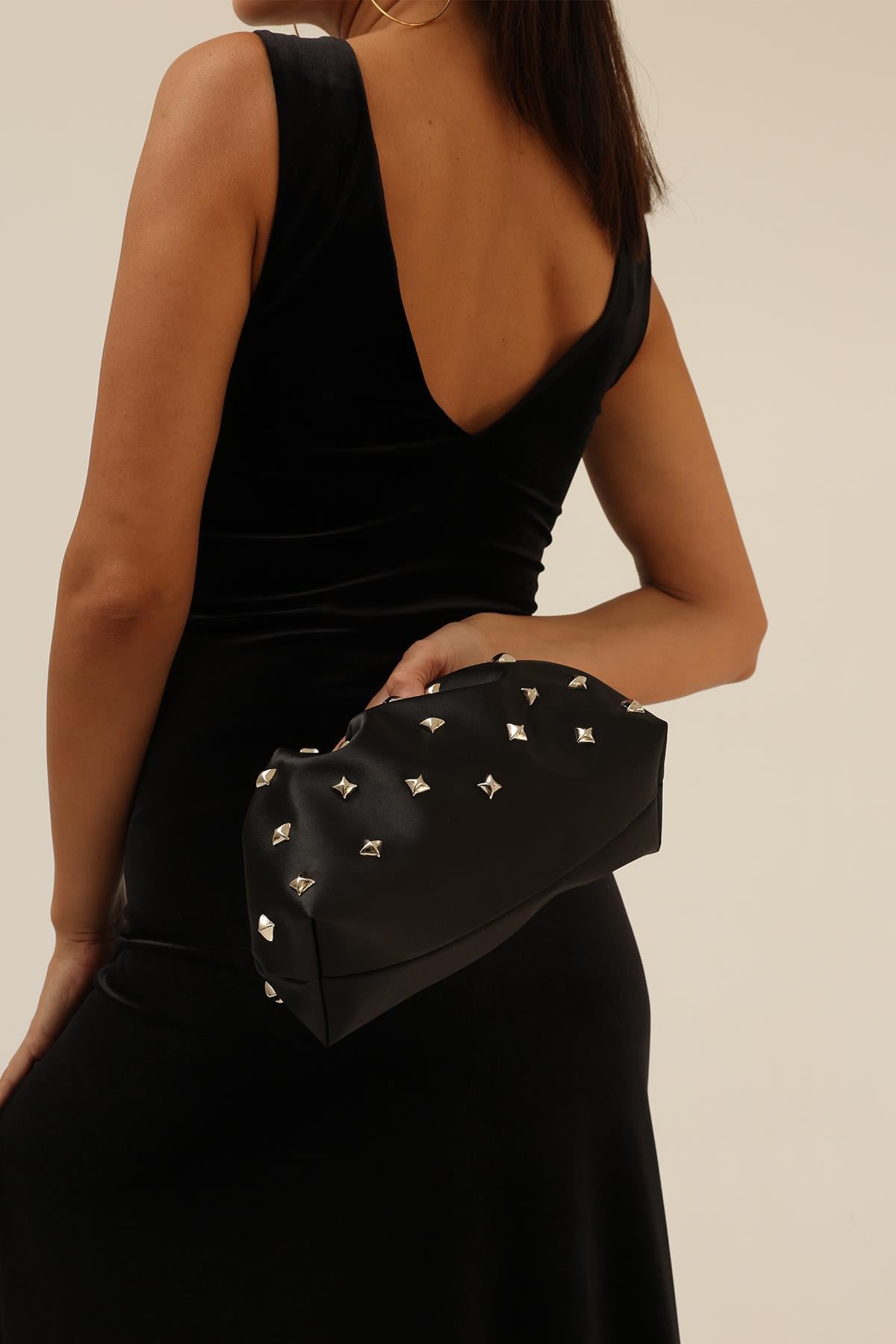 Siyah Kadın Saten Gümüş Taşlı Clutch Abiye Çanta