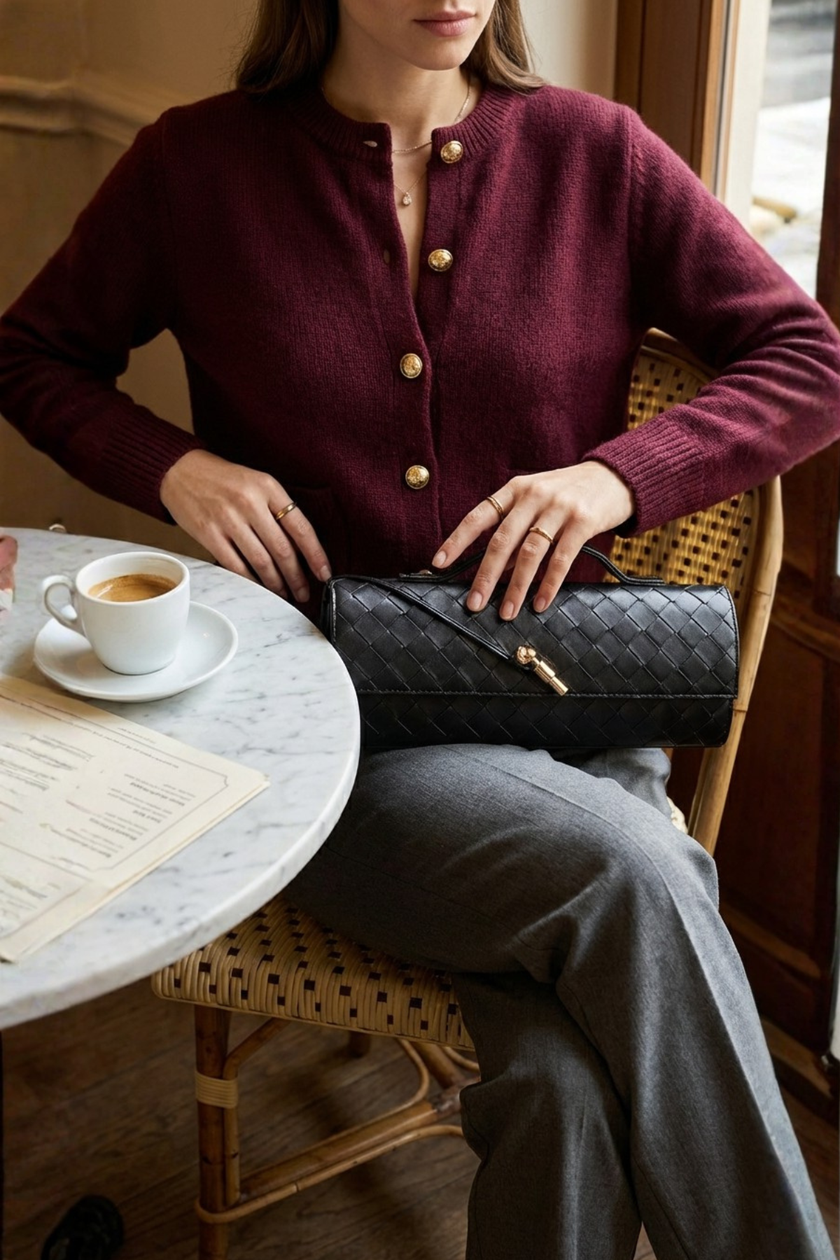 Siyah Örgü Derili Portföy Clutch Çanta